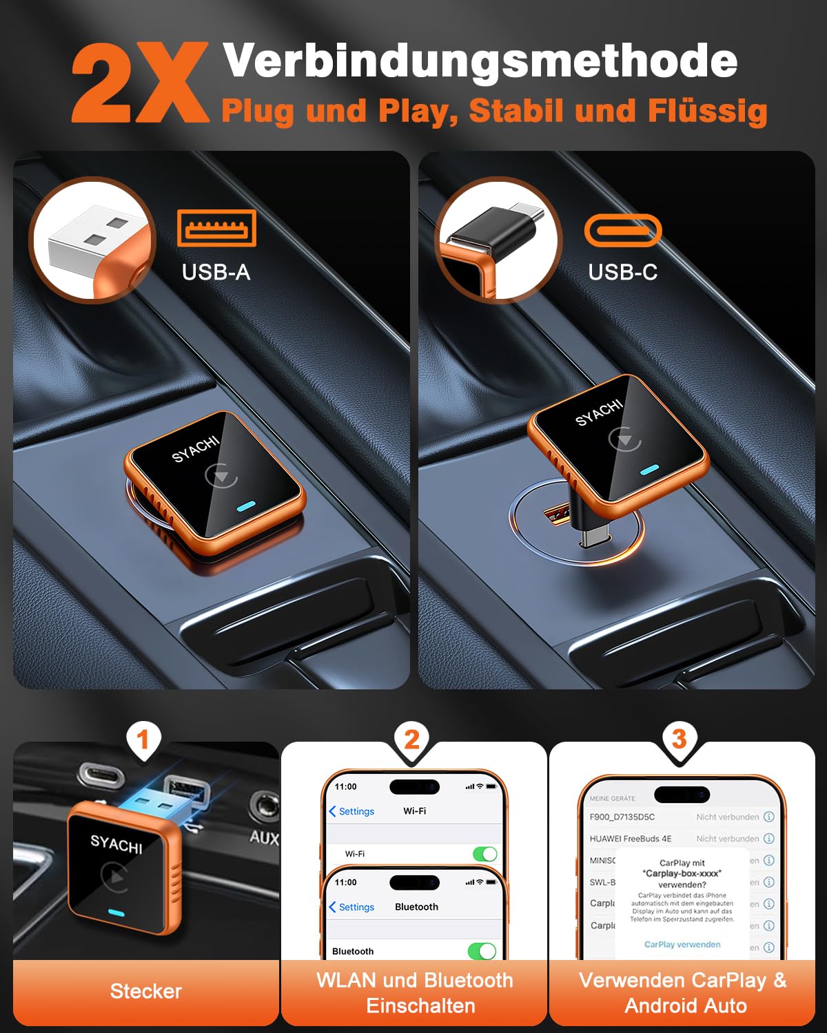 SYACHI 2 en 1 Adaptador CarPlay Inalámbrico con USB A/Tipo-C, Convierte Cableado a Inalámbrico, para iPhone iOS 10+ & Android Auto, Compacto y Estable Bluetooth Car Play Wireless Adapter — view 6