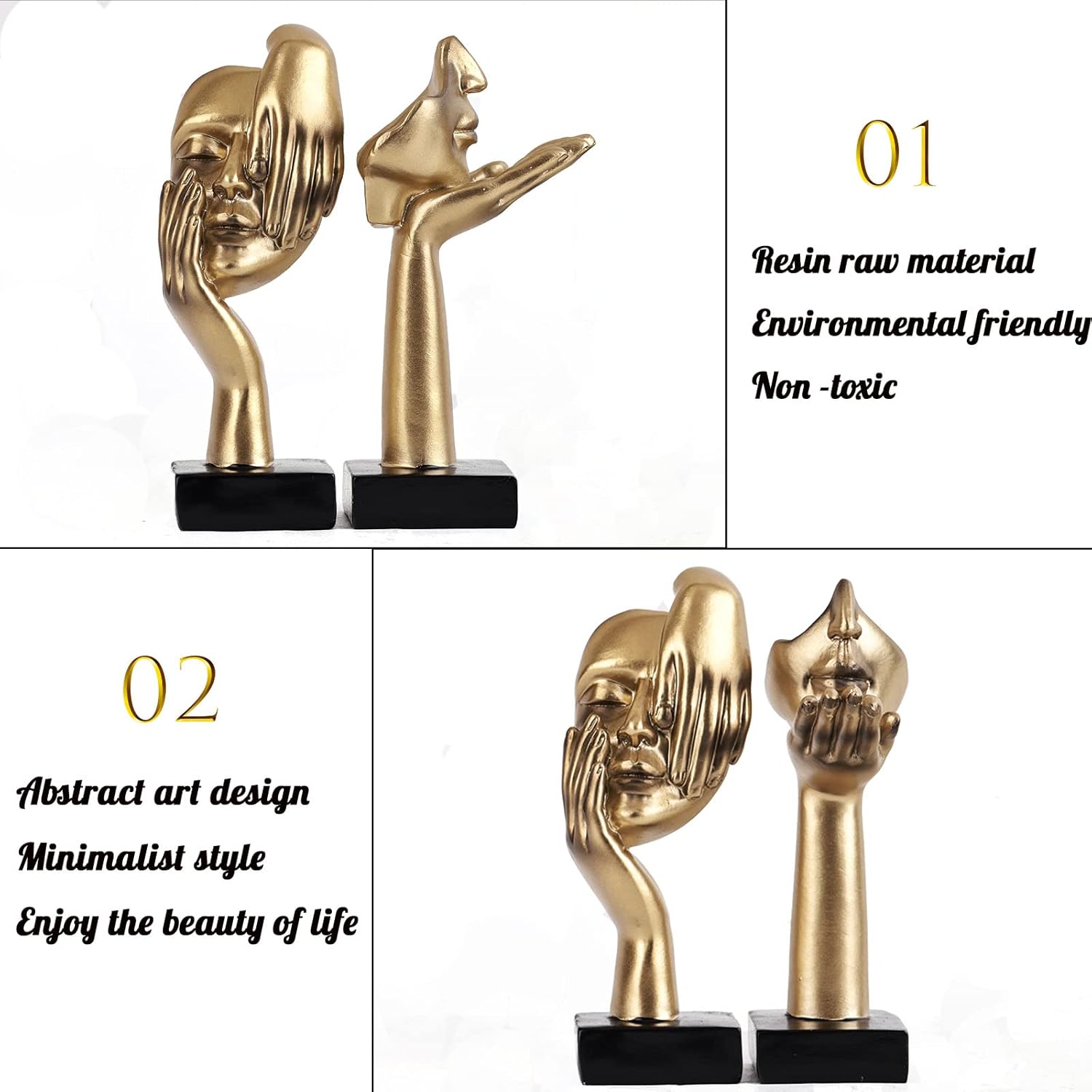 6.5" H Black Gold Art Thinker Figurines 2 PCS, Abstract Small Statues Home Accent Decor for Shelf, Office Desk, Living Room, Knick Knacks Decorations for Shelves (2 Pcs Gold) - Image 3