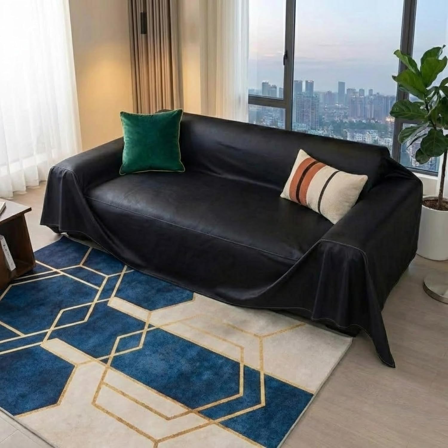 100% Genuine Leather Sofa Cover - Stylish & Durable Couch Slipcover with Modern Look - Living Room Furniture Protector (Black, 71x134 Inch)