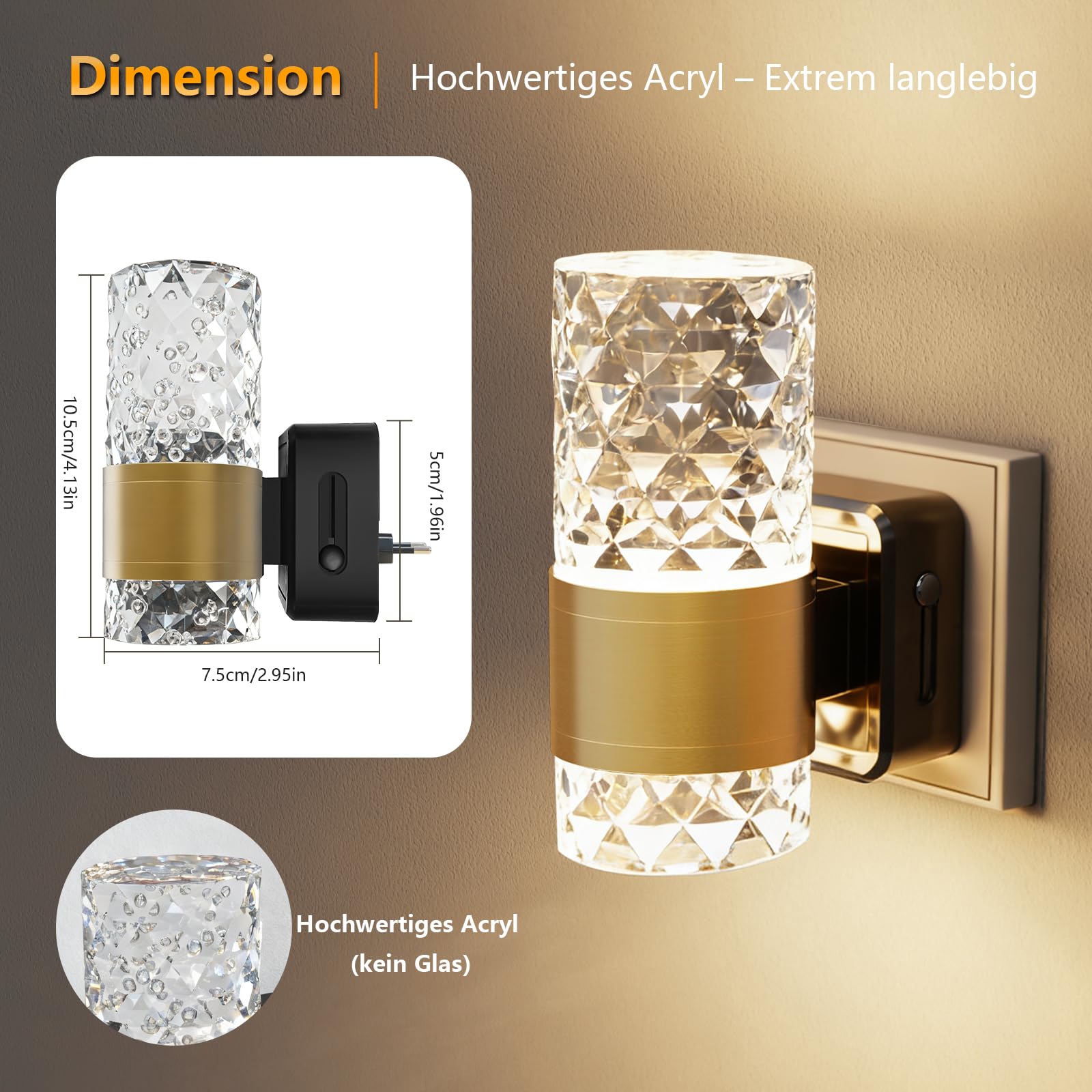 Nachtlicht Steckdose –2 Stück LED Nachtlicht Oberen und Unteren Beleuchtung Ultrahelles mit Intelligentem Sensor, Dimmbares LED für Schlafzimmer, Küche, Flur, 3000K (Gold-Transparent)