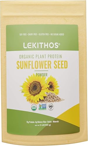 Lekithos Proteína orgánica de semillas de girasol en polvo, 3 libras, un solo ingrediente, proyecto verificado sin OMG, sin azúcares añadidos, 0.53