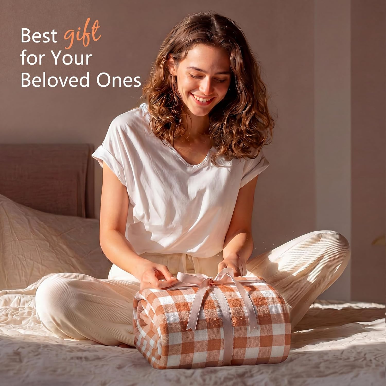 Fanfanwin Fall Orange Gingham Throw Blanket for Couch, 50x60 Inch Autumn Checkered Plaid Flannel Blanket for Sofa Bed, Soft Cozy Throw for Thanksgiving Farmhouse Boho Neutral Home Decor Gift