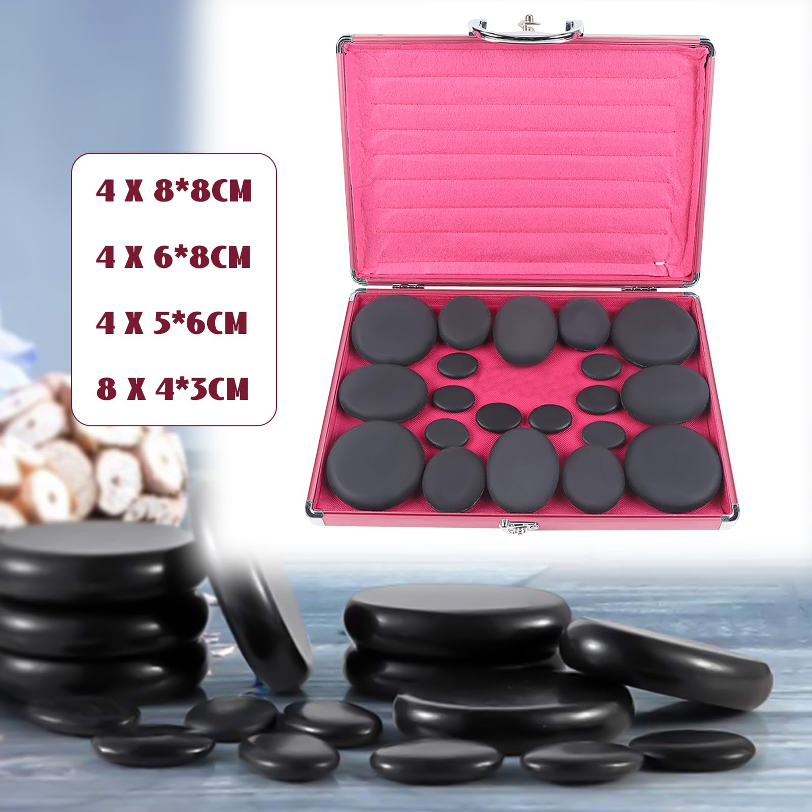Juego de 20 piedras calientes para masaje, piedras de masaje para spa, piedras de basalto calientes con set de calefacción, piedras de masaje de basalto, para spa, terapia, salón, masaje relajante
