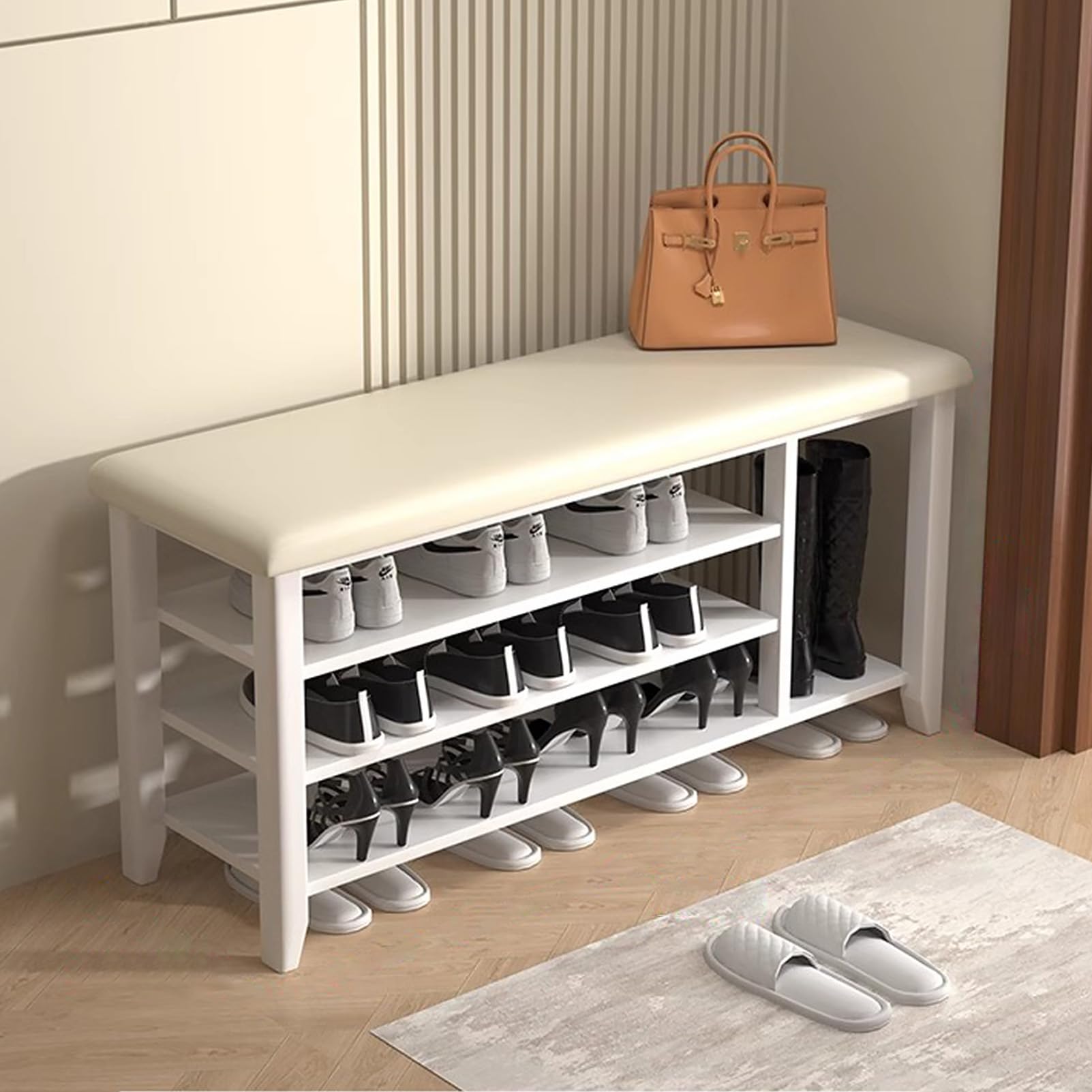 Banc à Chaussures en Bois Grand Confort avec Assise Cuir et Étagères