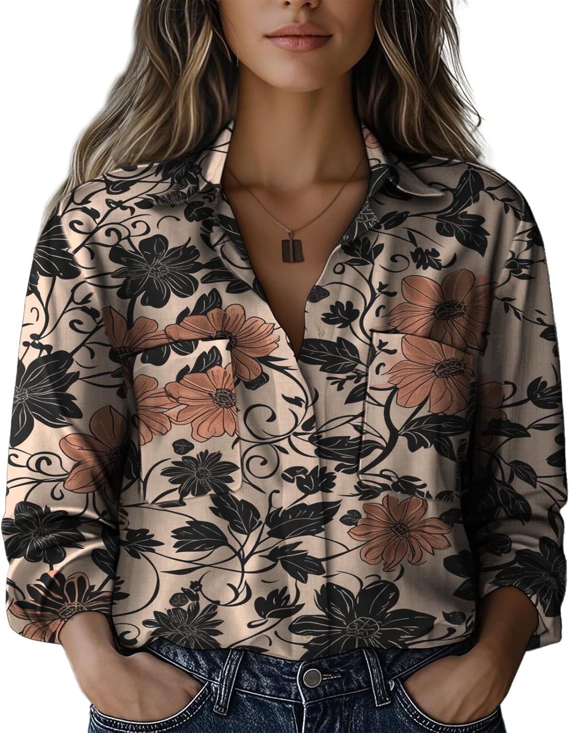 Shirts for Women Trendy Hippie Minimalist Print Tunic Tops Long Sleeve V Neck Button Down Flowing Blouse