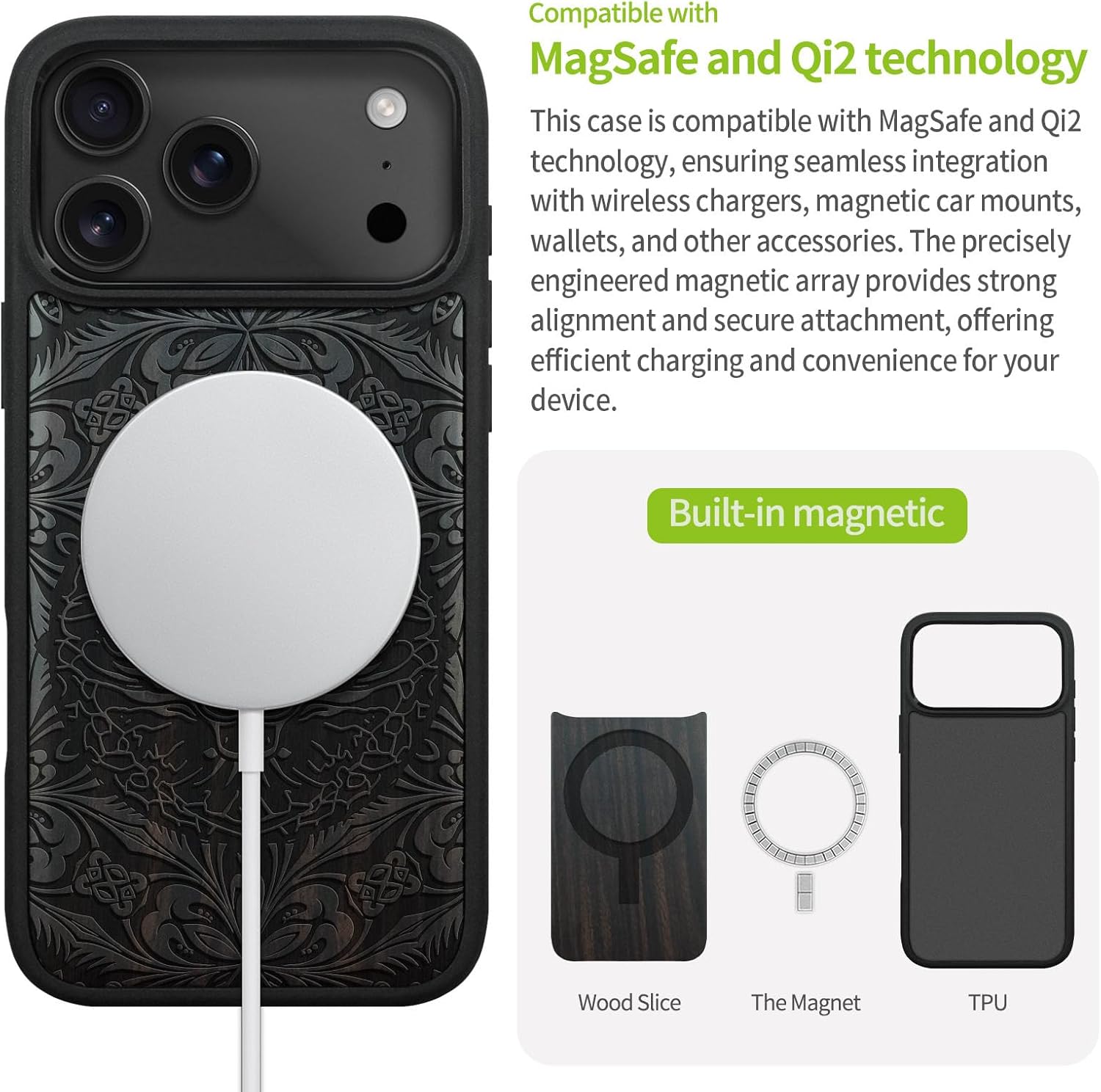 Carveit Magnetic Wooden Case for iPhone 17 Pro Max Case, Wood Artisan Engraved & Black Soft TPU Shockproof Cover, Compatible with MagSafe Wireless Chargers (The Dragon's Gaze Mandala) Blackwood