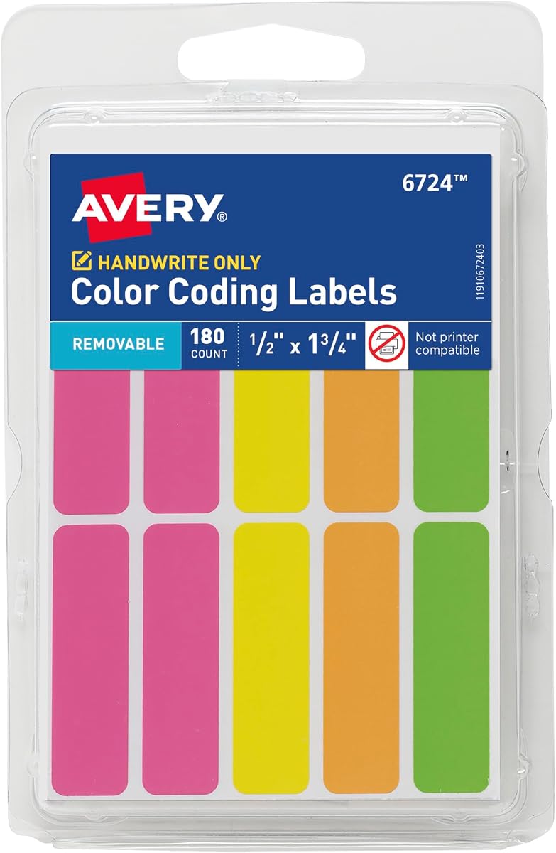 Avery® Color-Coding Removable Labels, 1/2" x 1-3/4", Assorted Neon Colors, Non-Printable, 180 Blank Labels Total (6724)