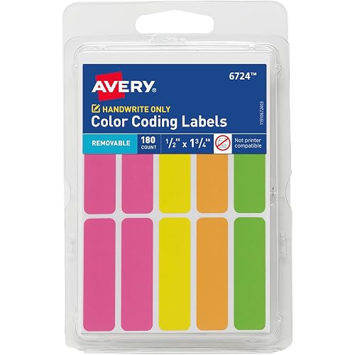 Avery® Color-Coding Removable Labels, 1/2" x 1-3/4", Assorted Neon Colors, Non-Printable, 180 Blank Labels Total (6724)