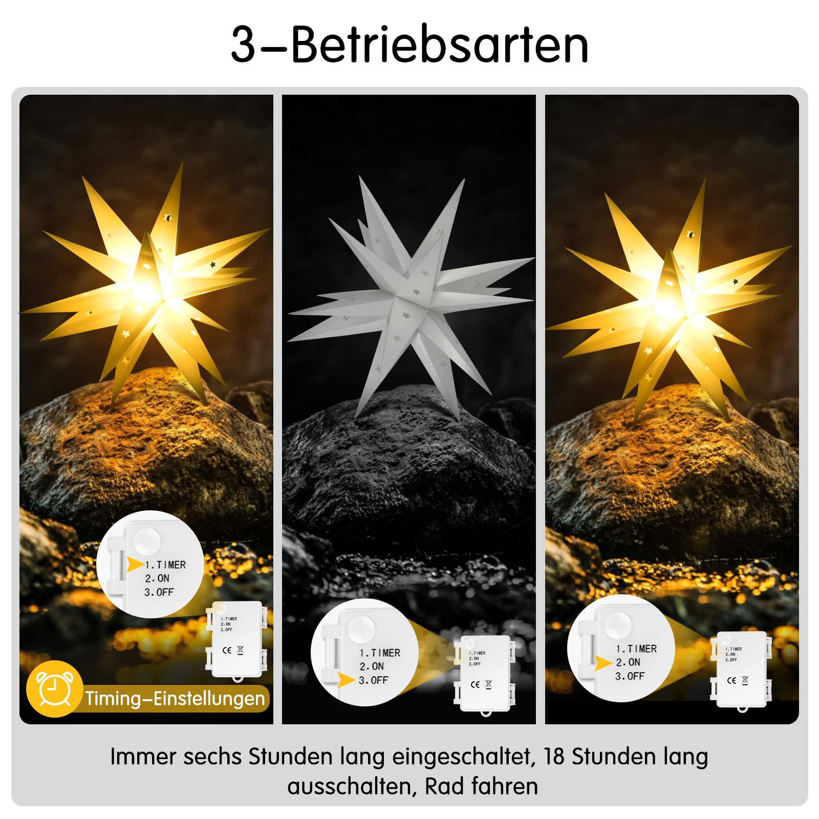 OUILA Stella di Natale 3D, diametro 45 cm, illuminazione a LED, funzionamento a batteria, con timer per decorazioni natalizie, per interni ed esterni, decorazione per albero di Natale, 3000 K