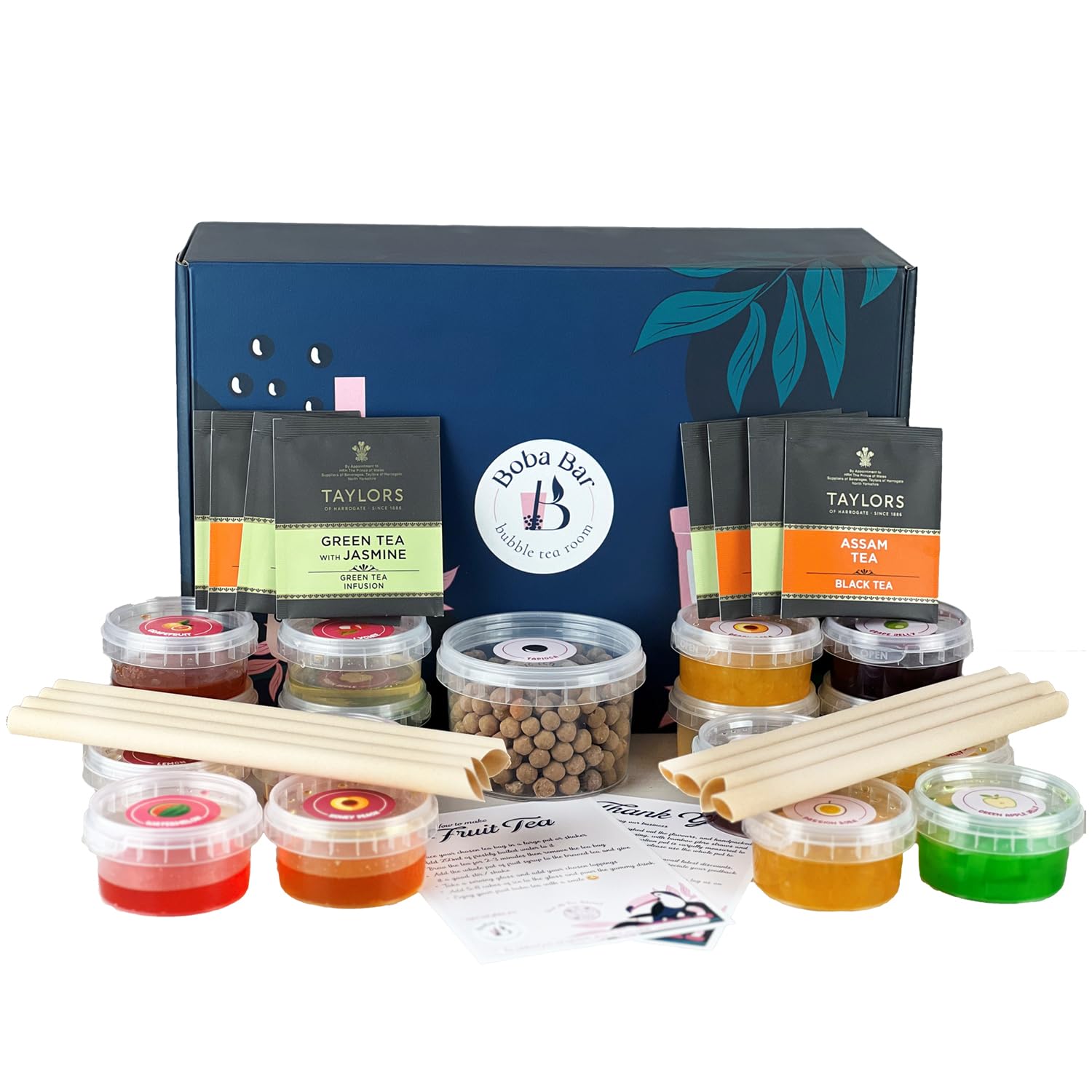 Tropical Treasures - Zestaw owocowej herbaty bąbelkowej | 8 smaków herbat owocowych, 8 - Boba z galaretką, herbata bąbelkowa z perłami tapioki (dla 8 osób) | Torebki z zieloną herbatą i Assam