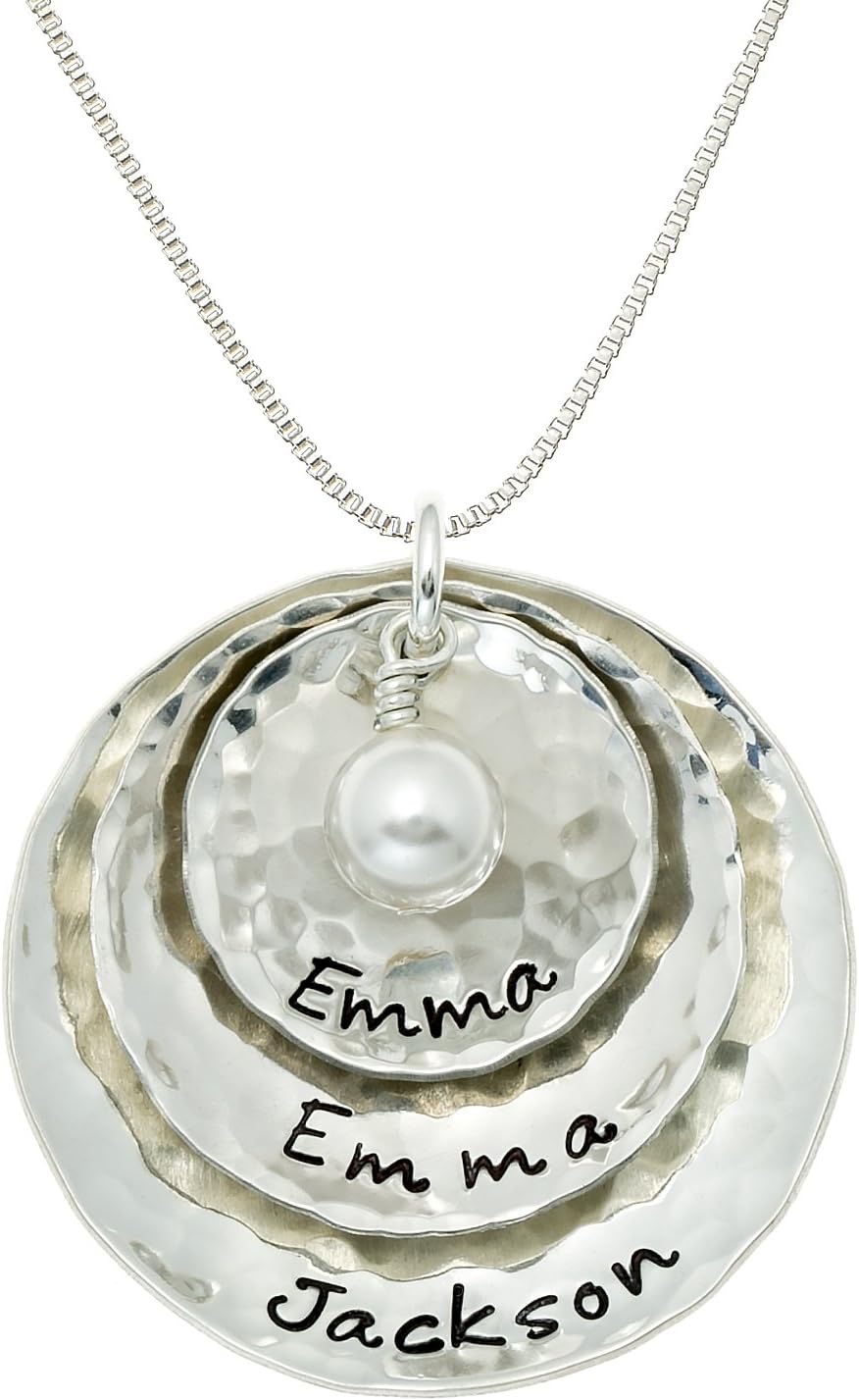 AJ's Collection Tripio Personalized Sterling Silver Necklace with 3 Customizable Discs Hand Finished, Includes Crystal Pearl, Choice of Sterling Silver Chain, Gifts for Her, Mother, Grandmother, Wife
