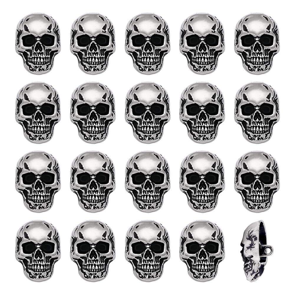 arricraft 20 Pcs Skull Alloy Buttons, Gunmetal Gray Metal Skeleton Halloween Skull Shape Buttons with Holes, for Accessorize Shirt Jacket Costume