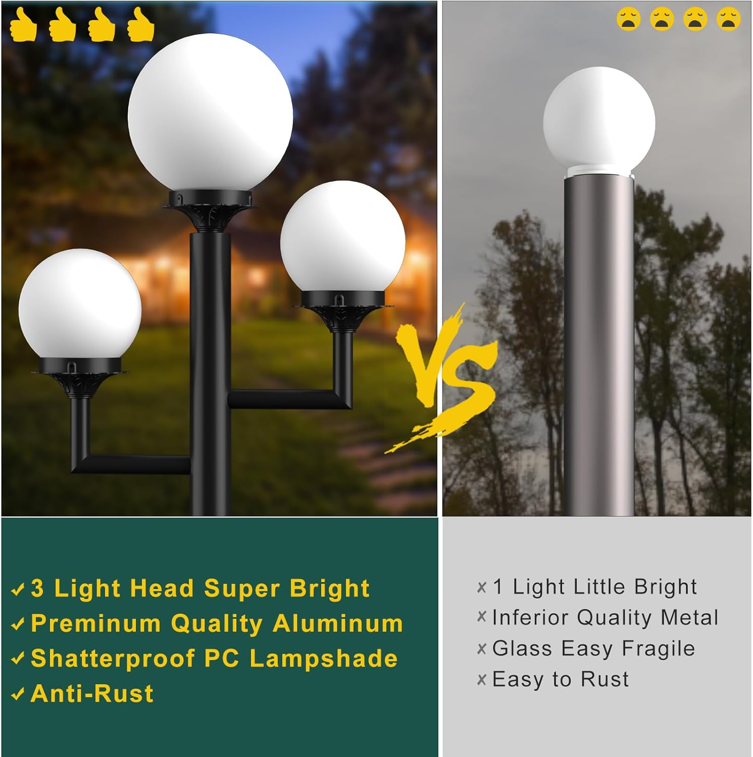 79'' Outdoor Post Lights Waterproof, Triple Head Street Light Pole Lamp for Outside,3Pcs 10W LED Bulbs Included, Waterproof Outdoor Post Light Fixtures for Garden/Yard/Patio/Driveway