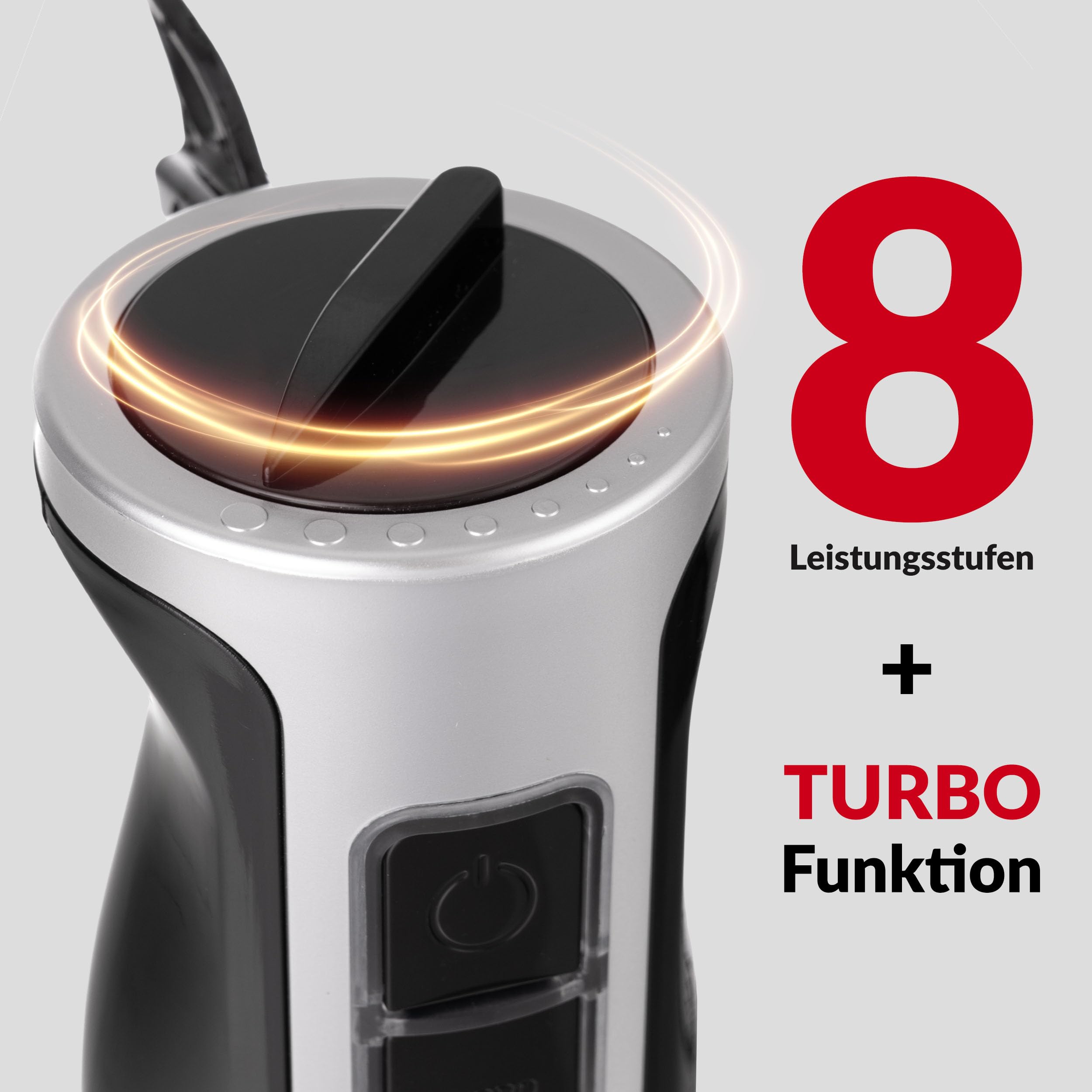 LEHMANN Stabmixer Set 1200 Watt - Multifunktions Pürierstab 5-in-1-6 Zubehör - 860 ml Messbecher - 8-stufige Geschwindigkeitsregelung - Turbo-Funktion - 15.000 U/Min - BPA-frei - Goldene Klinge