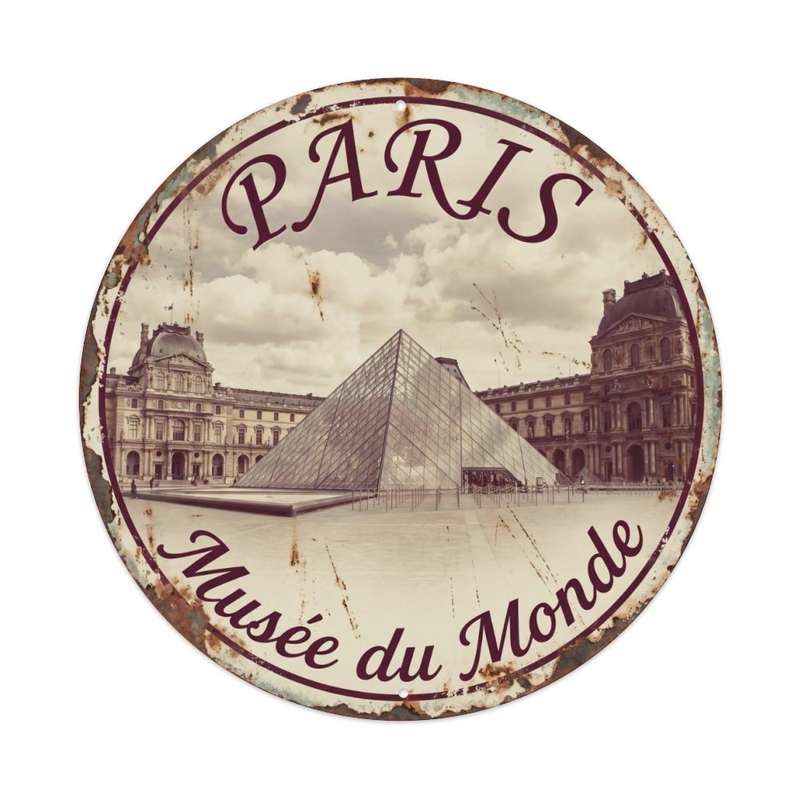 Vintage Travel Louvre Museum Paris Metal Tin Sign Plaque Wall Decor for Cafe, Club, Garden Round Metal Poster 8x8Inch