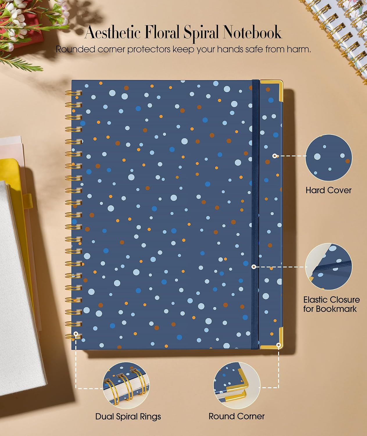 Cute Spiral Notebook Journal for Women, 200 Pages Lined Notebooks 8.5” x 11”, A4 Large Hardcover Spiral Journals with 100 GSM Thick Paper, College Ruled Notebook for Writing Work School, Navy Dots image 2