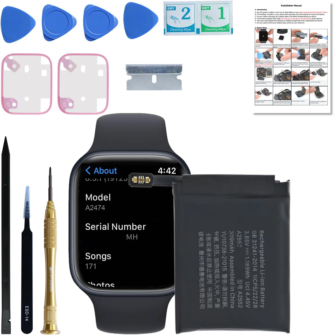 Battery Replacement Kits for Apple Watch Series 7 45mm A2474 A2477 A2478 with Repair Tools, Installation Manual, and Screen Adhesive