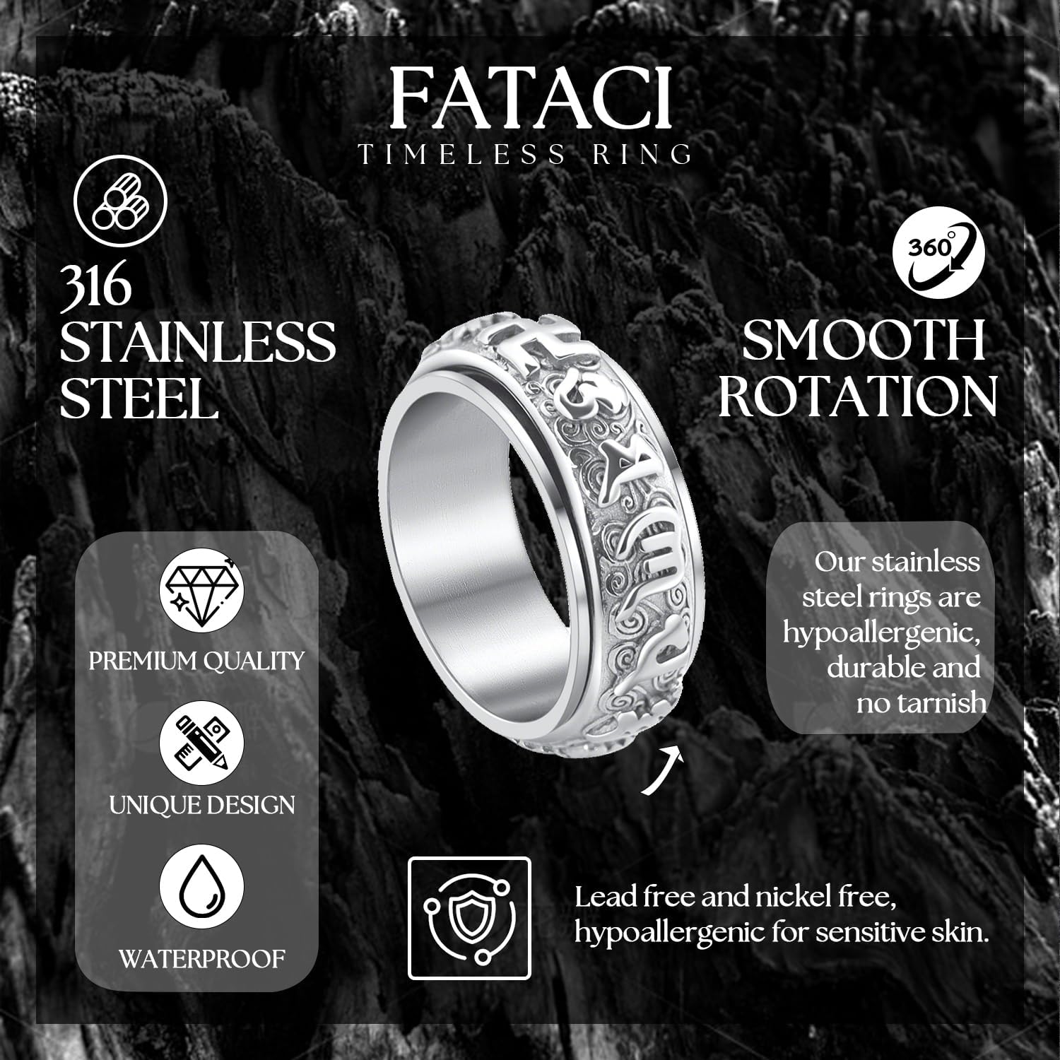 Men's Tibetan Buddhist Lucky Charm Ring, Stainless Steel Om Mani Padme Hum Fidget Anxiety Spinner Ring Stress Relief Religious Prayer Holy Jewelry Size 8-12