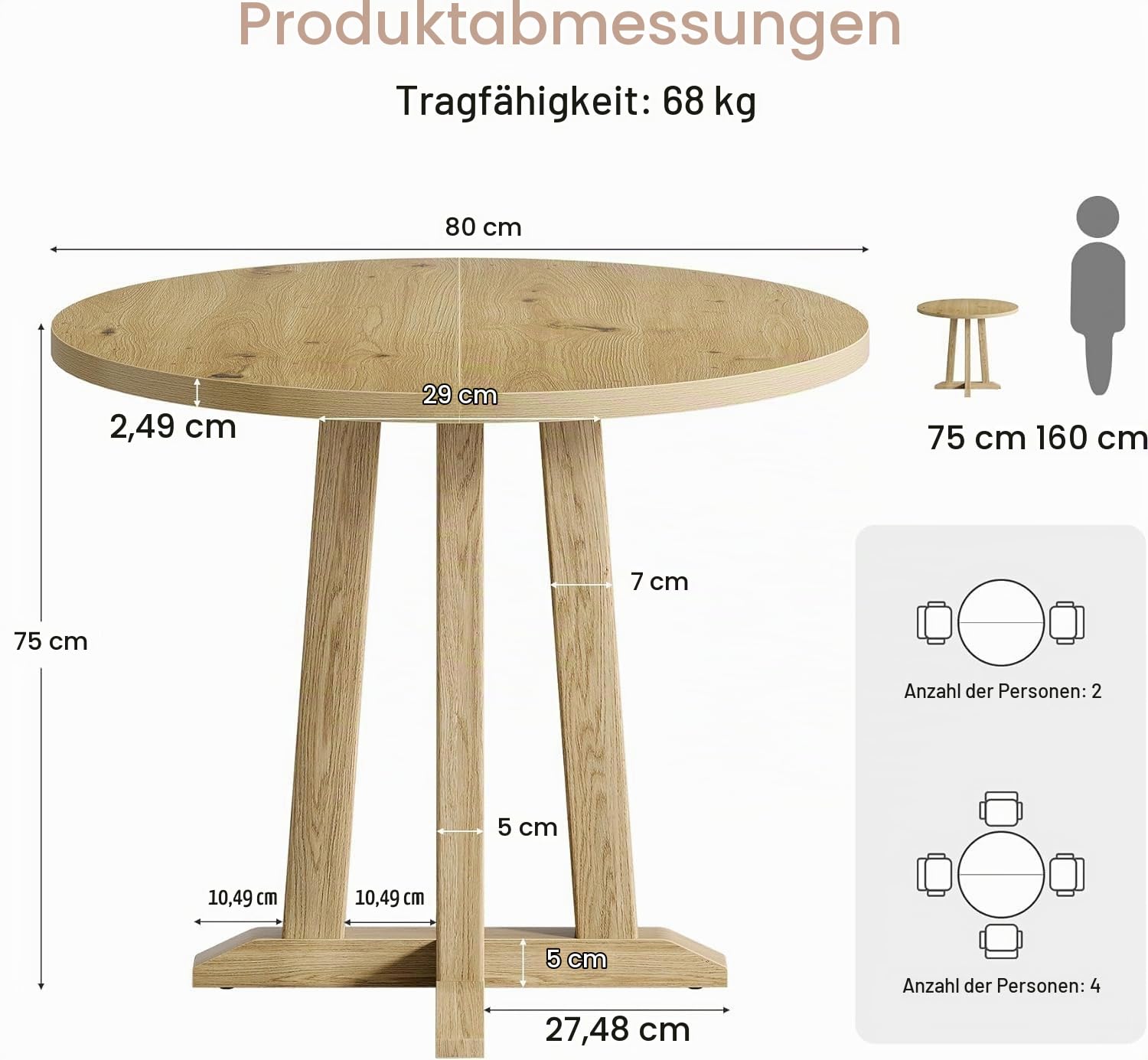 Tribesigns Esstisch Rund, Runder Esstisch für Esszimmer Wohnzimmer, 80 cm Esszimmertische für 2-4 Personen, Küchentisch mit Holztischplatte und Beinen, Natürliche Holzfarbe