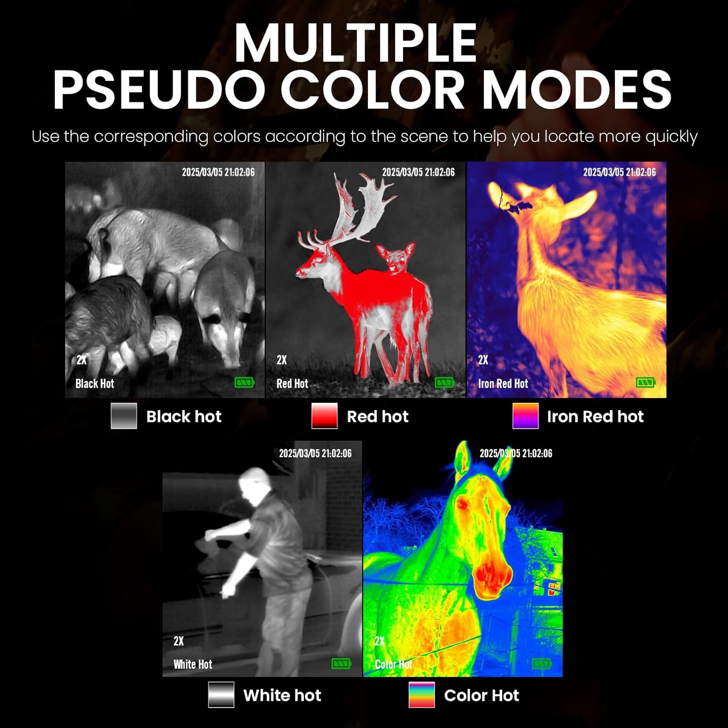 Examples of multiple pseudo color modes (Black Hot, Red Hot, Iron Red Hot, White Hot, Color Hot) available on the GTGUARD ClearView X350 Thermal Riflescope.