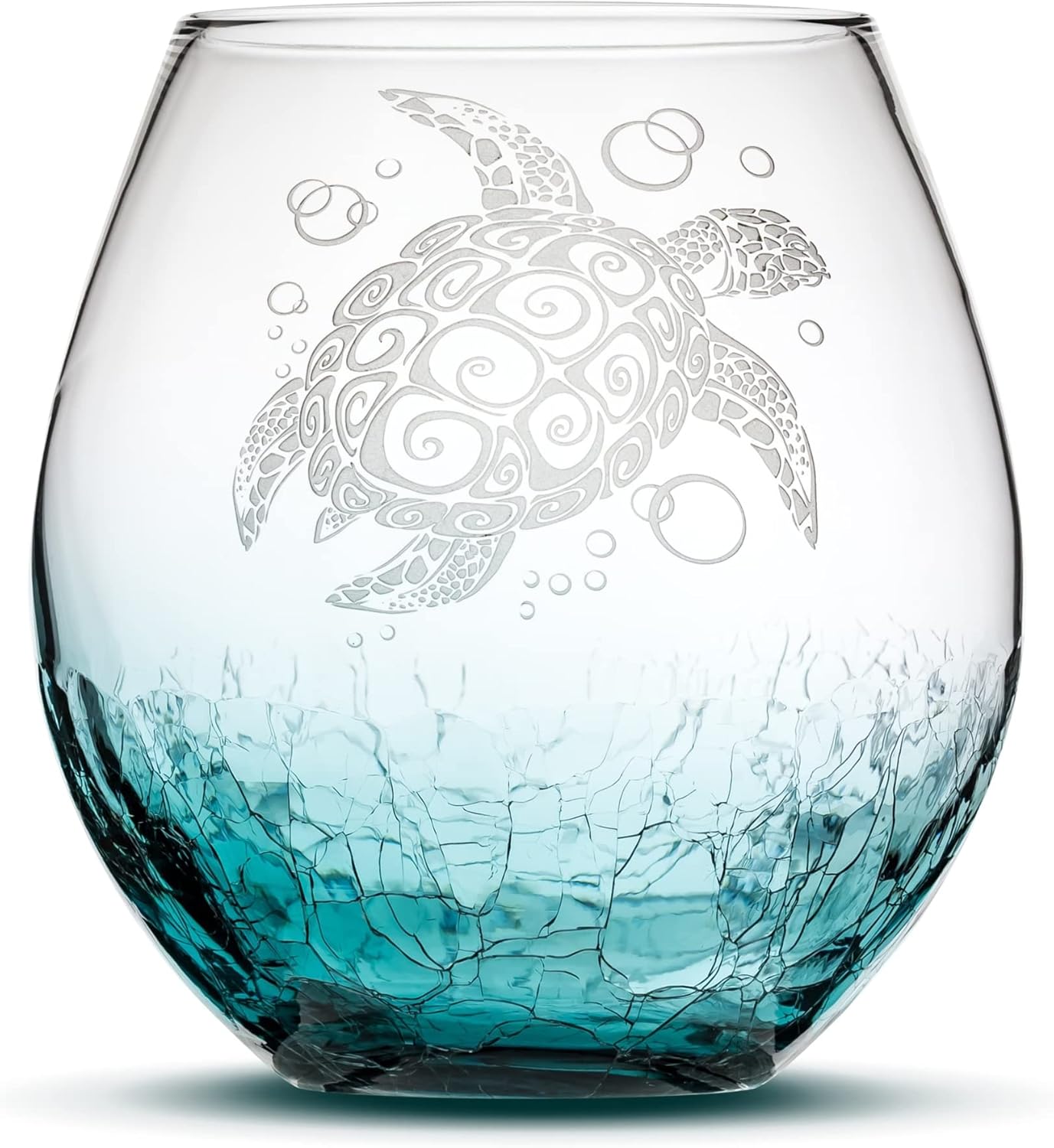 Integrity Bottles Tribal Sea Turtle Design Stemless Wine Glass, Handmade, Handblown, Hand Etched Gifts, Sand Carved, 18oz (Crackle Teal)