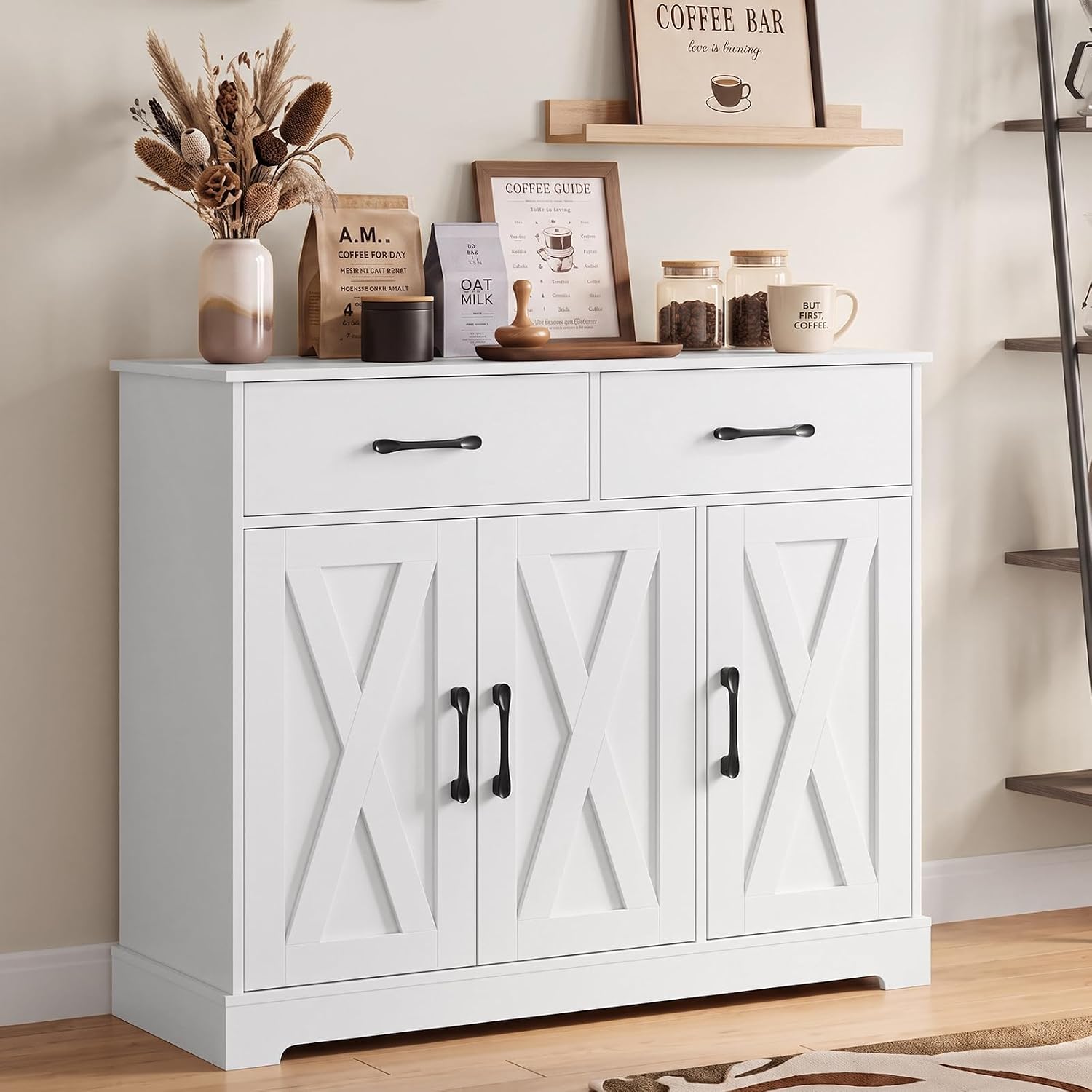 Coffee Bar Storage Cabinet, White Buffet Cabinet and Sideboard Cabinet with 2 Drawers, 3 Doors, Adjustable Shelves, X Panel Doors, Farmhouse Storage Cabinet for Dining Room Kitchen Entryway