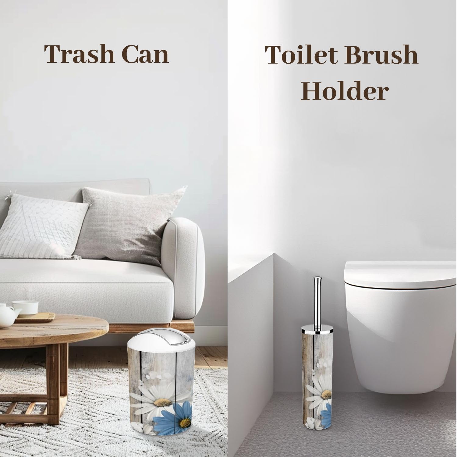 Bathroom Accessory Set 6 Pcs Flower Shower Daisy Wild Rustic Floral Blue Daisies Butterfly Wooden Boho Trash Can, Toothbrush Holder, Soap Dispenser, Soap Dish, Toothbrush Cup, Toilet Brush Holder