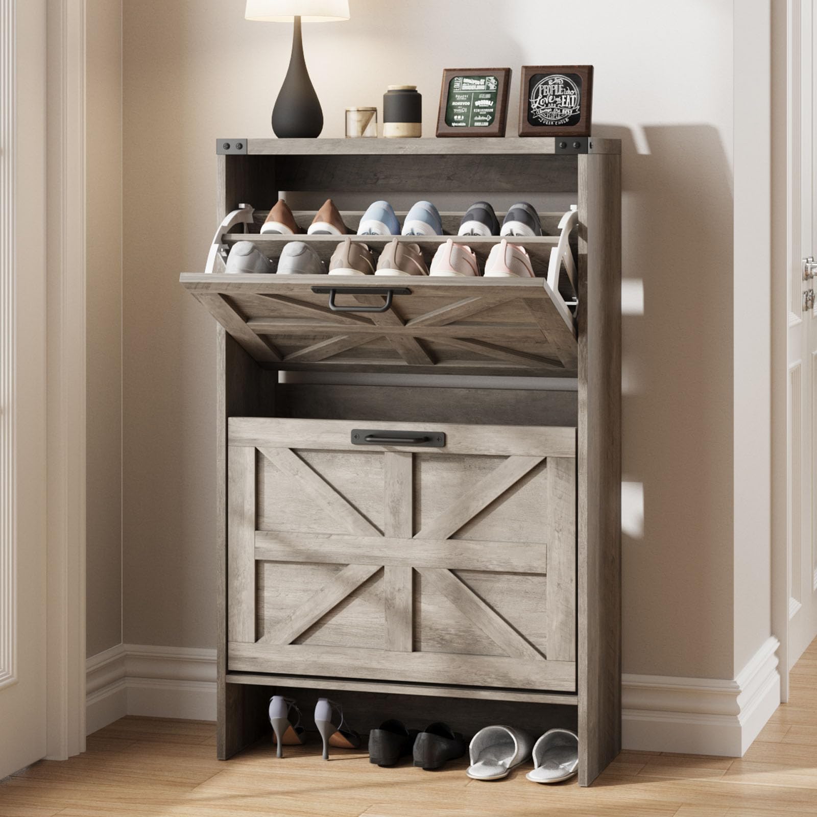 Halitaa Shoe Storage Cabinet for Entryway,Farmhouse Slim Shoe Cabinet with 2 Flip Drawers,Narrow Freestanding Organizer Storage Rack for Entrance,