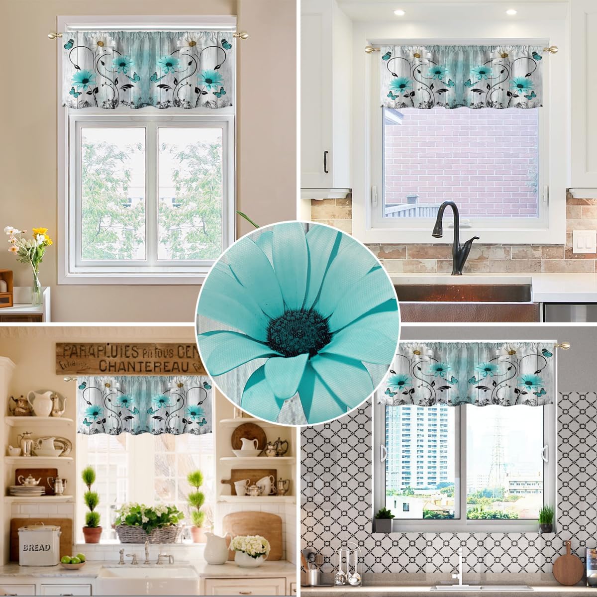 AAtter Teal Floral Kitchen Valance Curtains for Window Farmhouse Vintage Rustic Turquoise Butterfly Flower Small Short Home Living Room Bedroom Bathroom Drapes Fabric 2 Piece, 52" W x 18" L*2, Country