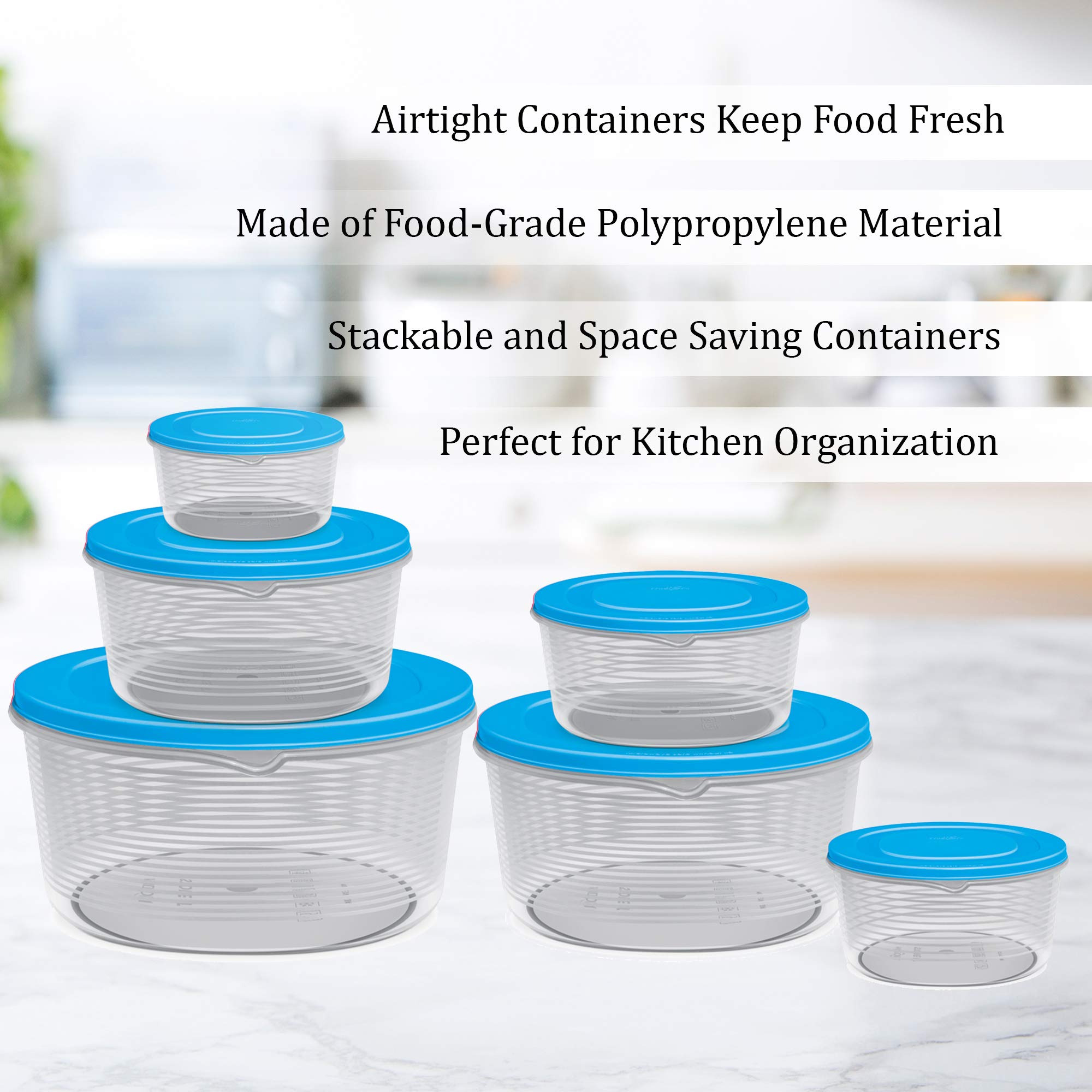 MILTON Store It Round Plastic Food Storage Container Set of 6 with Air Tight Lid (200ml, 400ml, 600ml, 1L, 2L & 3L) Fridge Boxes, Multipurpose Leakproof Box for Vegetable Snacks Kitchen Bowl, Blue 1