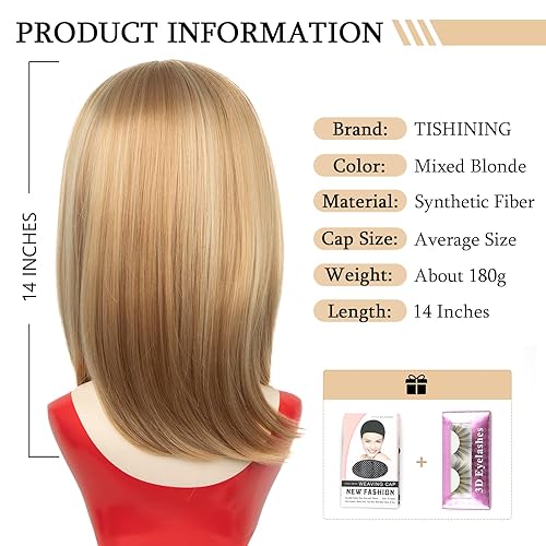 Miniatura 3 de TISHINING Peluca rubia fresa con flequillo, longitud al hombro, mezcla de rubio, en capas, recto, pelucas de pelo sintético para mujeres blancas,