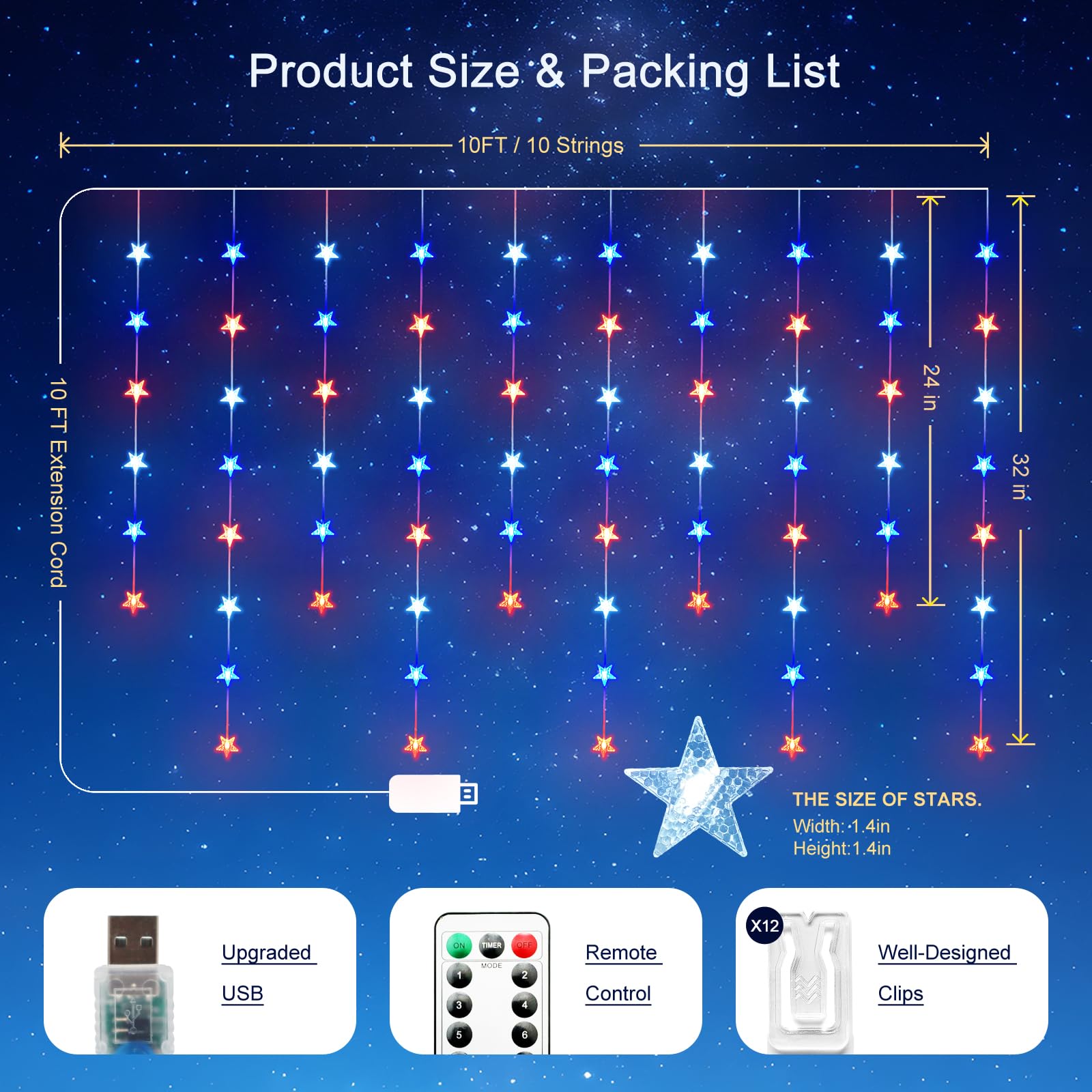 Star Curtain Lights Hanging Star Lights for Window 70 Stars String Lights USB Plug in 8 Modes Twinkle Fairy Lights for Independence Day Memorial Day Flag Day Fourth of July Decor (Red White Blue)