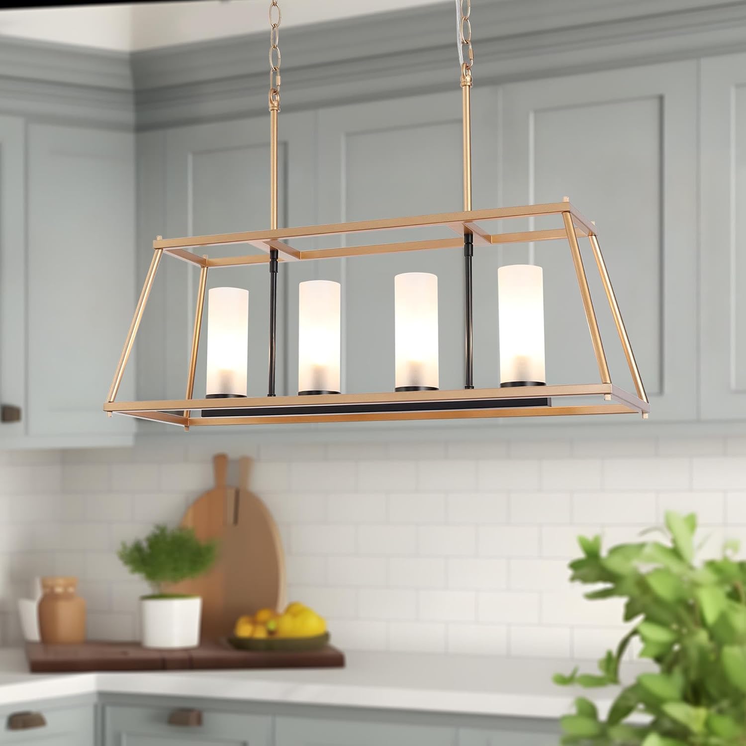 KSANA Black Kitchen Island Lighting with Frosted Glass Shade, Modern 4-Light Chandelier for Dining Room
