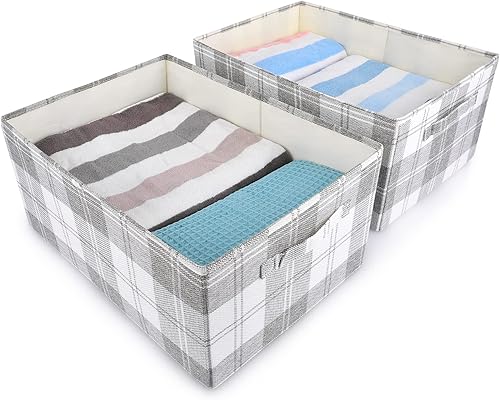 Miniatura 8 de ANMINY Juego de 2 contenedores de almacenamiento plegables de lino y algodón, con asas, tablero de plástico PP lavable, patrón a cuadros,