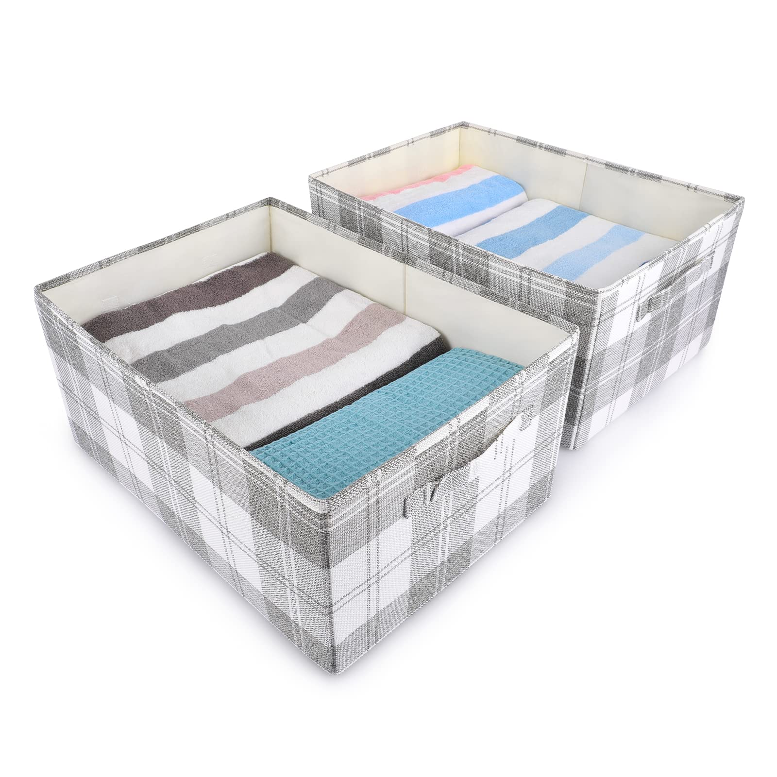 ANMINY 2PCS Storage Bins Set Foldable Cotton Linen Open Storage Basket Box with Handles Washable PP Plastic Board Plaid Pattern Decorative Nursery Baby Kid Clothes Laundry Organizer - Extra Large Size