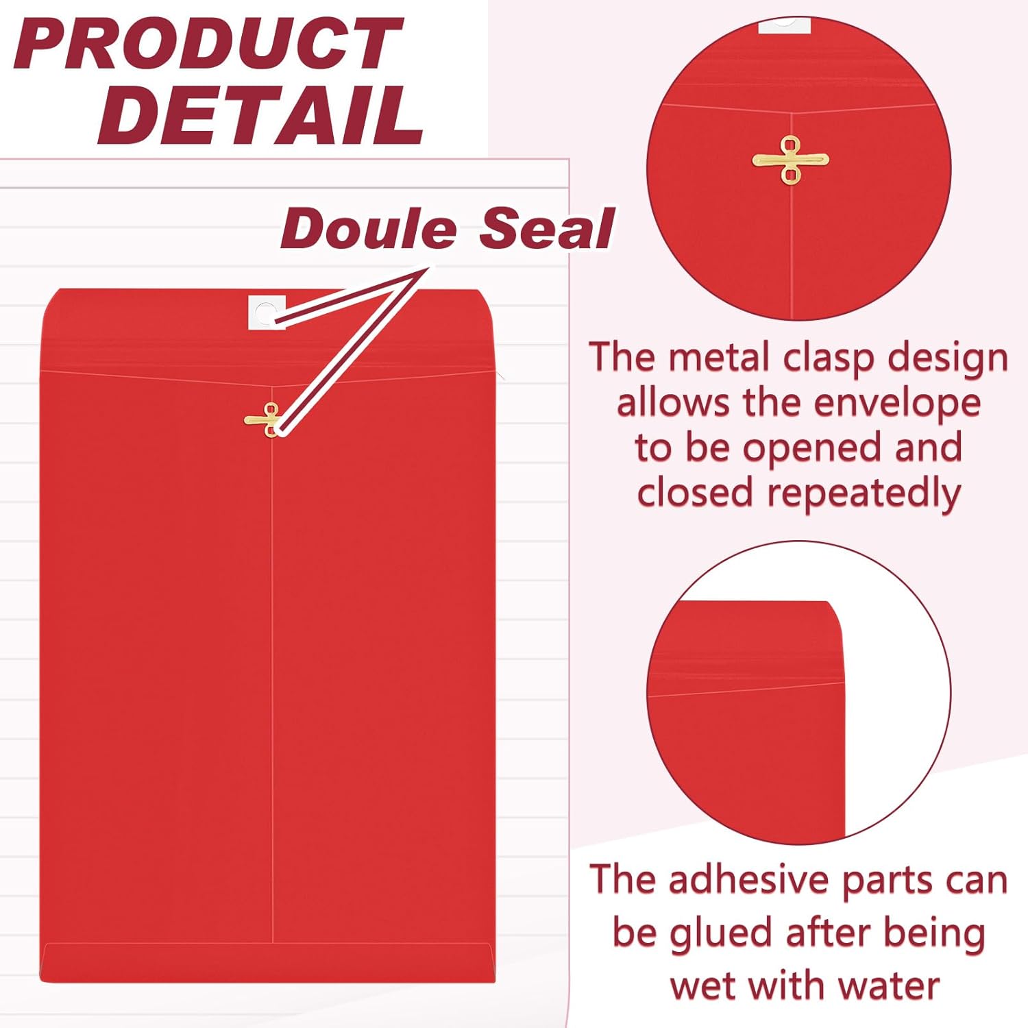 Geyee 50 Pcs 9 x 12 Inch Clasp Envelopes Letter Size Mailing Envelopes with Clasp Closure for Filing Storing Documents Office Home Business School (Red)