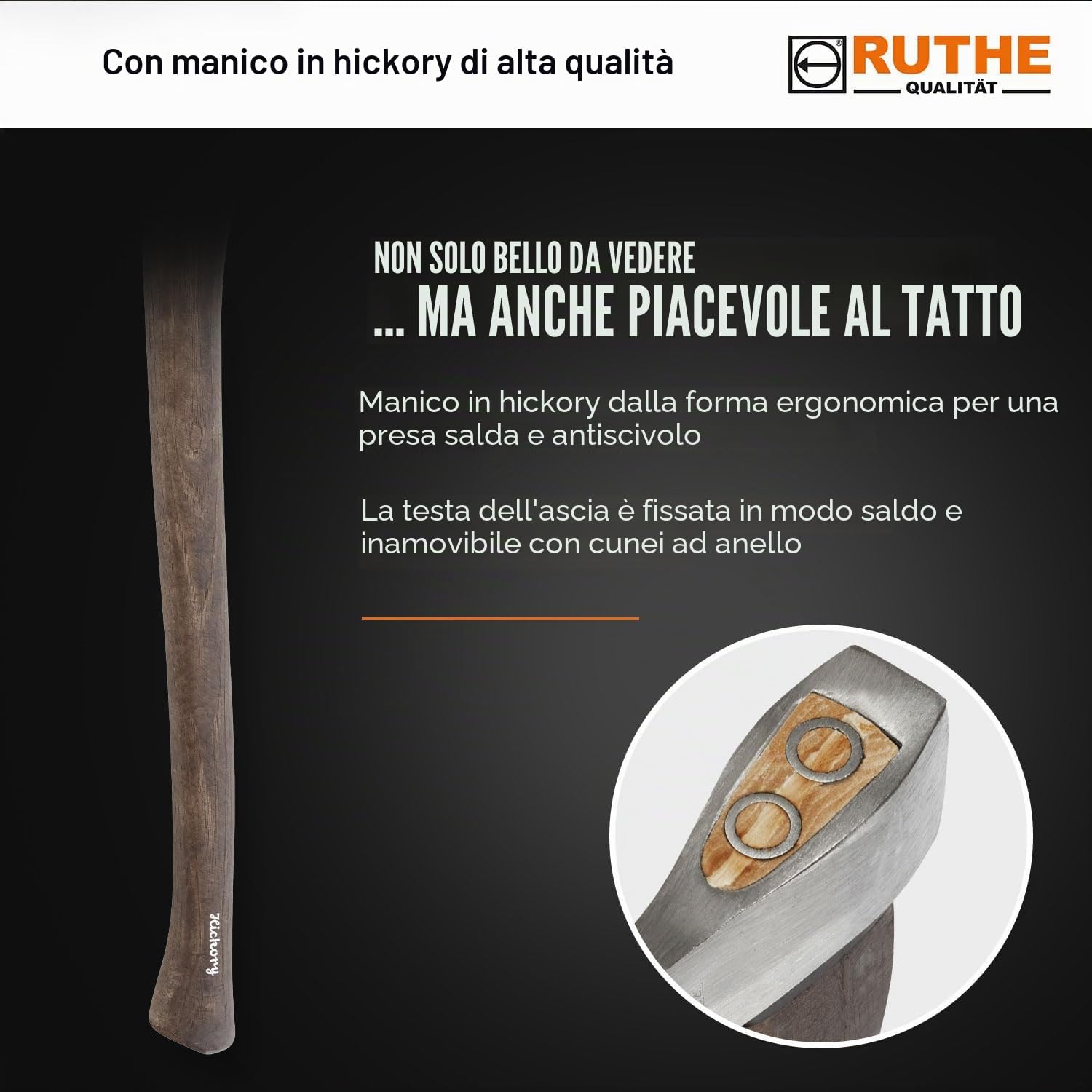 RUTHE Ascia spaccalegna 1.400g | Ascia da spacco in acciaio forgiato | Accetta professionale con manico in legno di hickory | Scure spaccalegna da 1.400 g