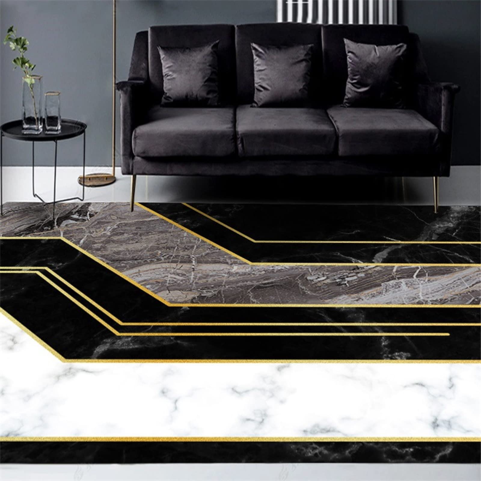Tapis doux à poils courts salon chambre marbrure noir blanc et doré