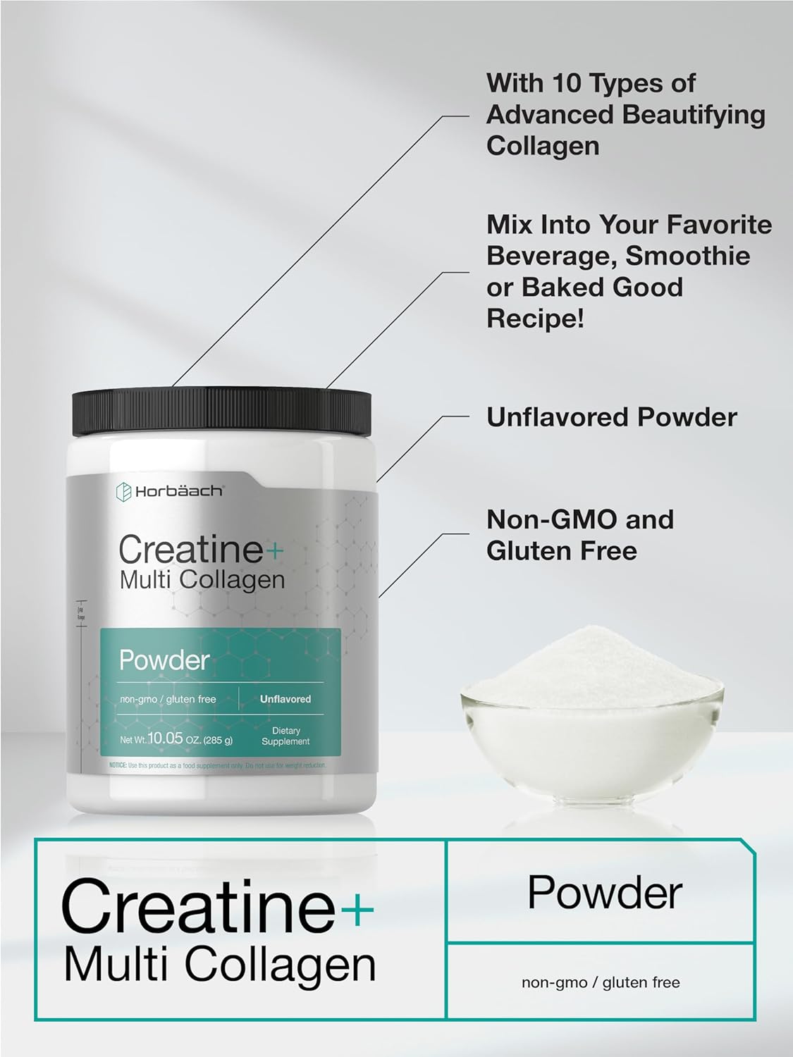 Horbäach Creatine Monohydrate Powder | with Collagen and L-Taurine | 10.05 oz | Unflavored | for Women and Men | Non-GMO, Gluten Free - Image 4