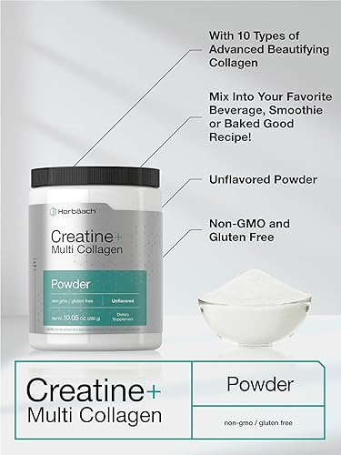 Miniatura 4 de Horbäach Monohidrato de creatina en polvo, con colágeno y L-taurina, 10.05 onzas, sin sabor, para mujeres y hombres, sin OMG, sin gluten