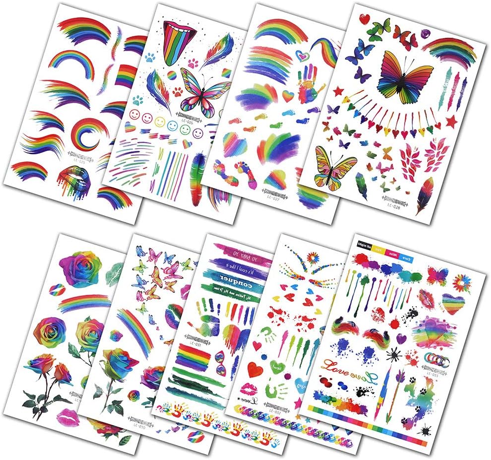 Tomoving 9 Sheets Temporary Tattoos for Adult and Kids, Festival Waterproof Fake Tattoo Stickers Rose Rainbow Butterfly Feather Various Interesting Party Accessories