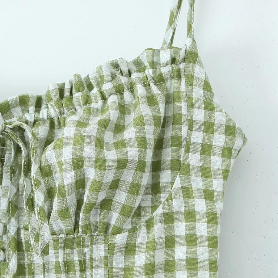 Summer Dresses for Women 2025 Casual French Vintage Lace Long Beach Corset Green Dress Gingham Spaghetti Strap Sundress - Image 4
