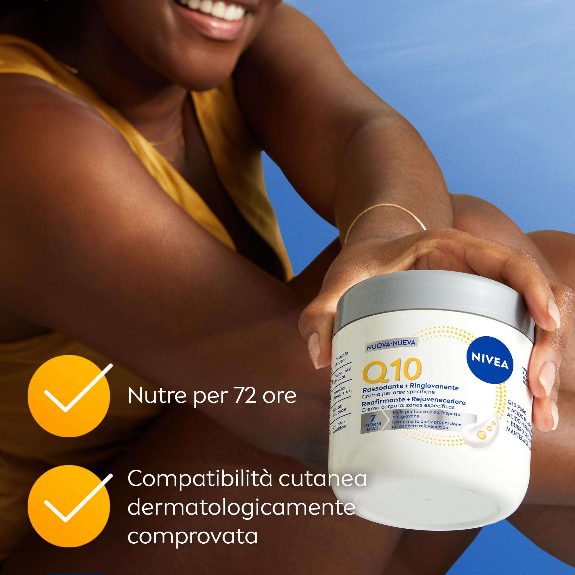 NIVEA Q10 Rassodante + Ringiovanente Aree specifiche 400 ml, Crema rassodante corpo con Coenzima Q10 e Acido Ialuronico, Crema idratante corpo 72h tonificante per seno, braccia, pancia, glutei e gambe