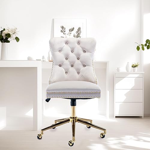 Miniatura 9 de Silla de oficina en casa de terciopelo con ruedas, silla de escritorio giratoria ajustable con botón trasero y base de metal dorado, sillas de