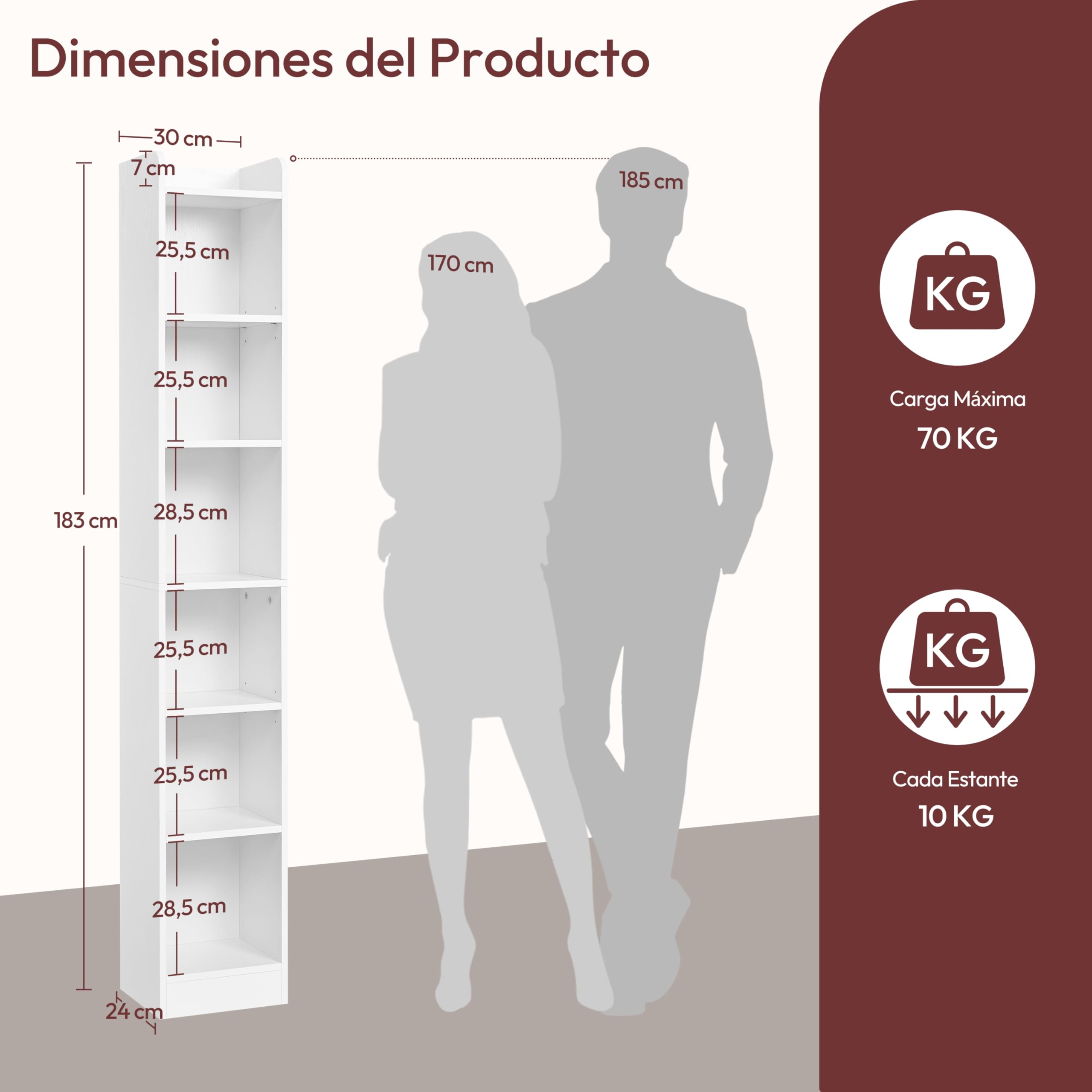 Yaheetech 7 Niveles Estantería de Madera para Libros, 30x24x183 cm, Librería con Estantes Ajustables para Salón, Dormitorio y Oficina, Blanco