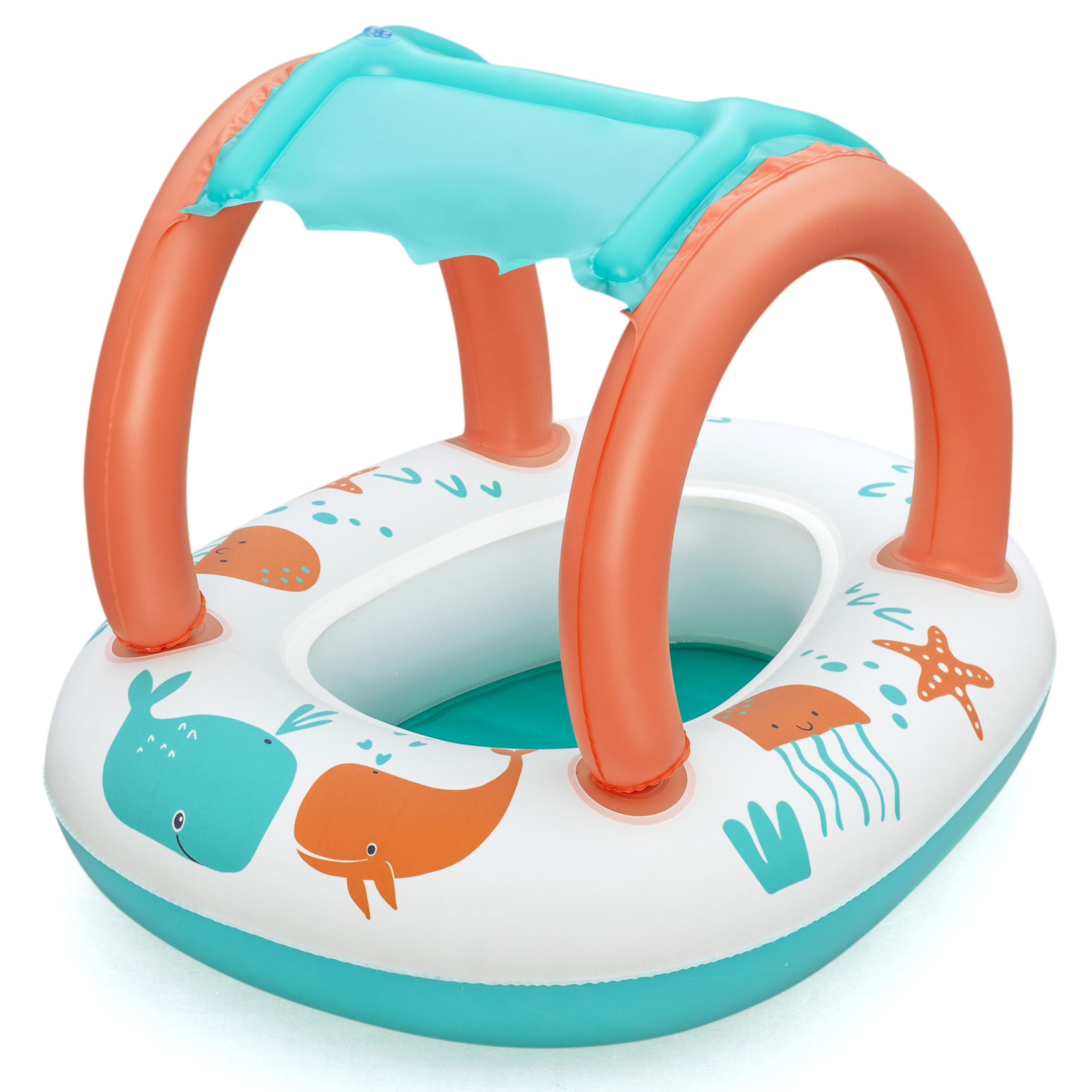 Bestway 33" x 26"/84cm x 67cm Comfort Plush Shaded Baby Boat, Orange/White/Blue whale design