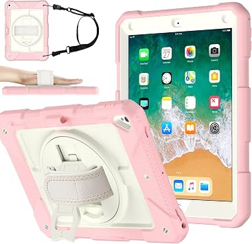 MENZO Shockproof Case for iPad 5th Gen/6th Gen/Air 2/Pro 9.7-inch with 360 Swivel Stand, Pencil Holder, Detachable Hand and Shoulder Strap, Beige+Pink