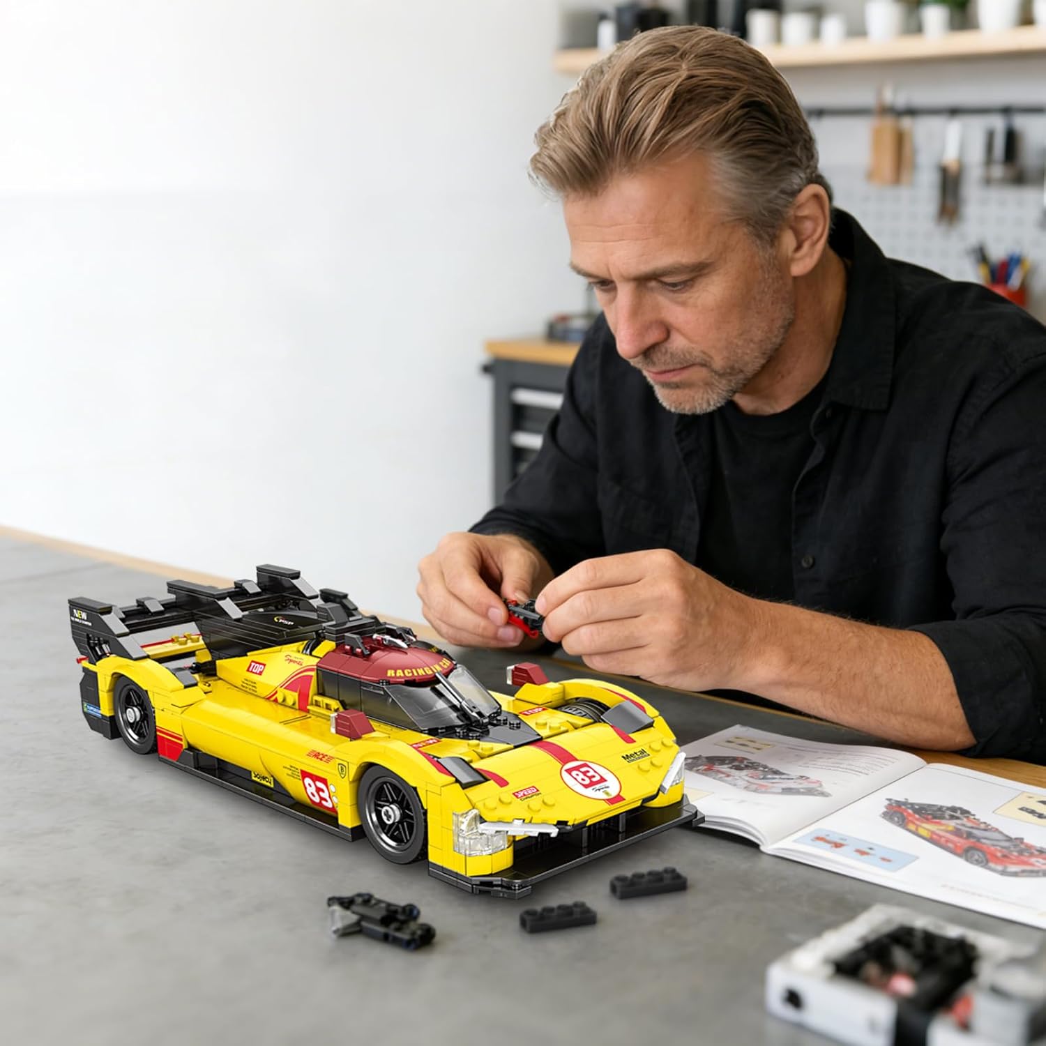 Reobrix Super Sport Car Building Block Sets, 1:16 Racing Car Model Kit with Stickers, 12.59 * 5.31 * 3.15in Supercar Building Toys for Collection and Decoration, Gift for Motorsport Fans (1370 Pcs)