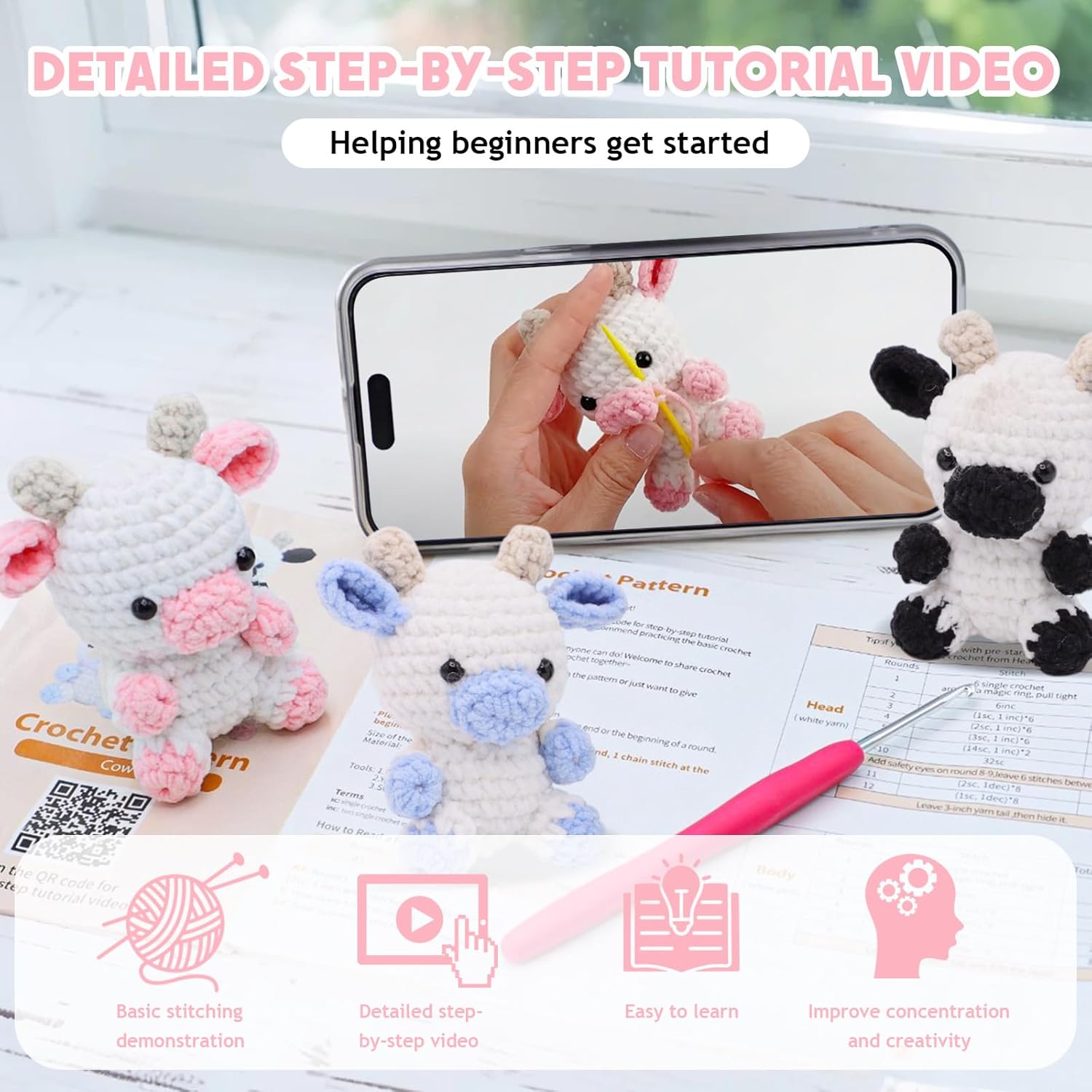 Crochet Starter Kit for Beginners, 3 Cute Animal Cow Pattern, Crochet Starter Kit Beginner for Adults Knitting Hooks and Yarn Set with Video Tutorial