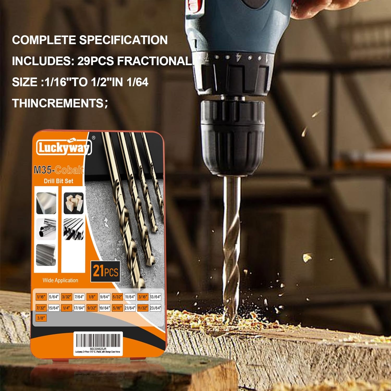 Luckyway 1/16"-3/8" (21Pcs) M35 Cobalt Drill Bits, Jobber Length Twist Drill Bit Set for Hard Metal, Stainless Steel, Cast Iron, Wood and Plastic, with Storage Case